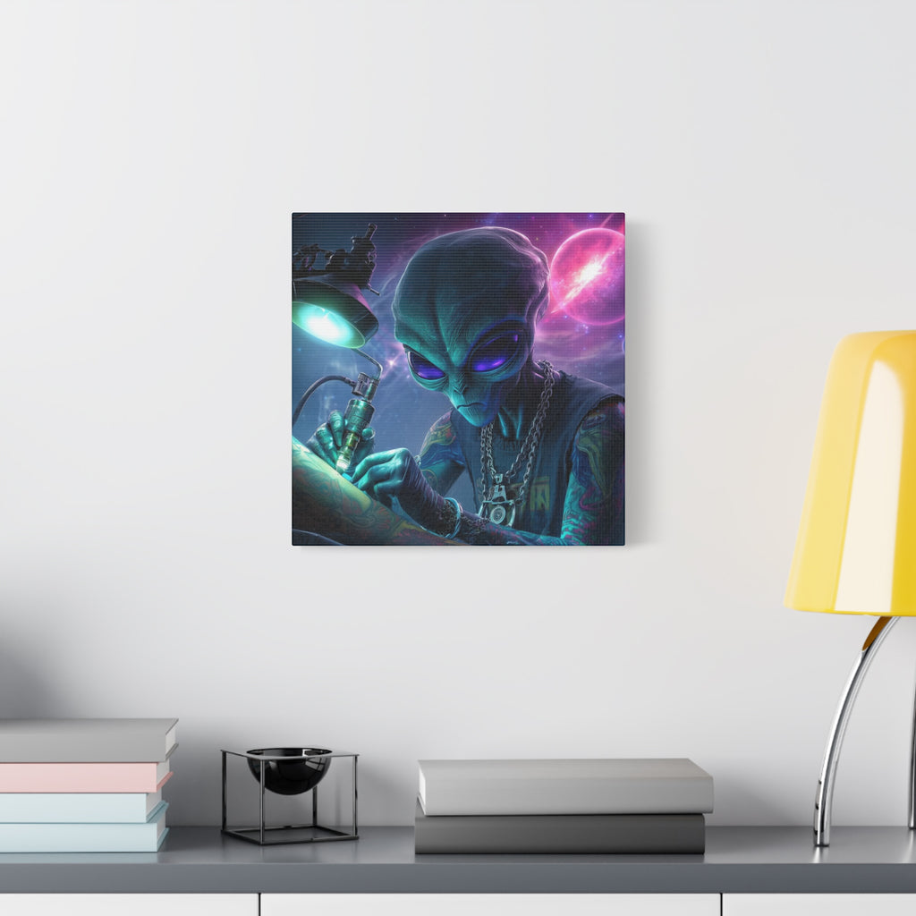 Alien Tattoo Artist Matte Canvas Print — Sci‑Fi Wall Art for Gamers & Nerd Decor