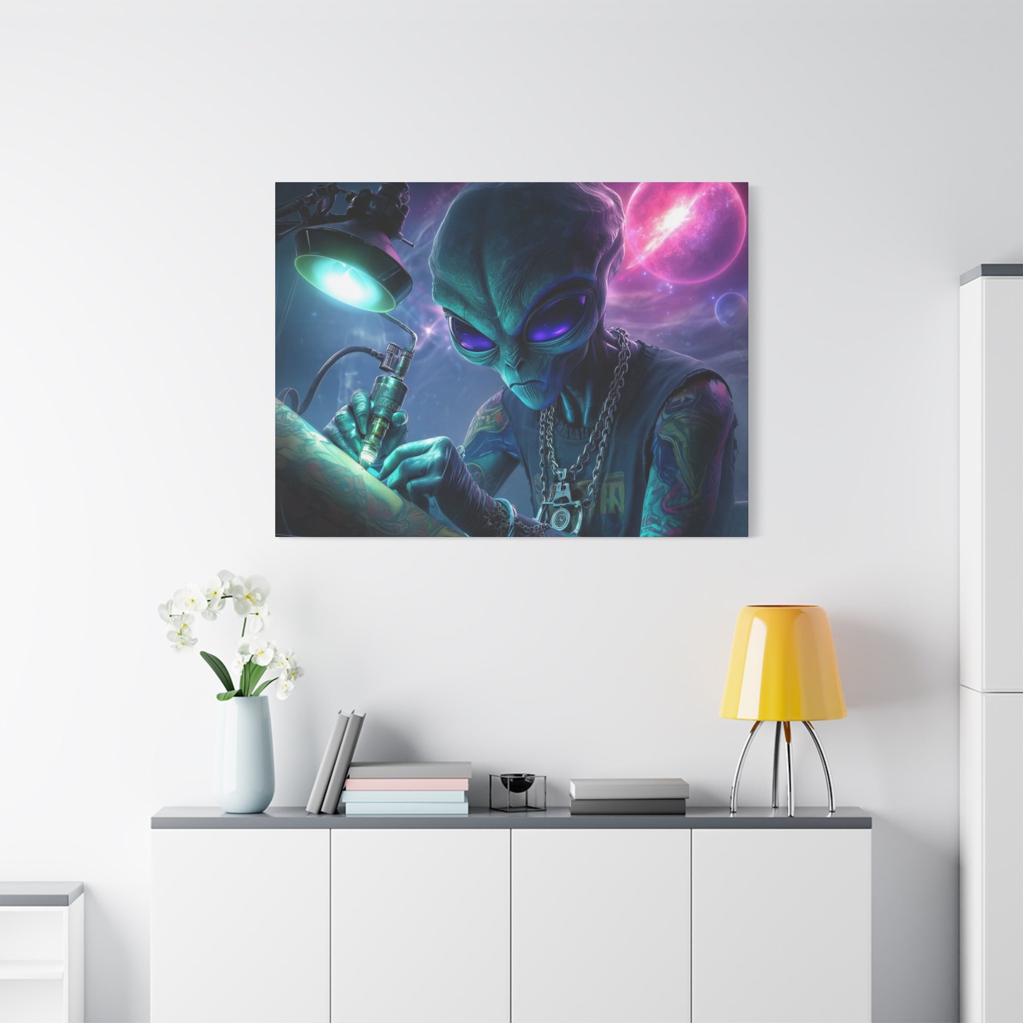 Alien Tattoo Artist Matte Canvas Print — Sci‑Fi Wall Art for Gamers & Nerd Decor