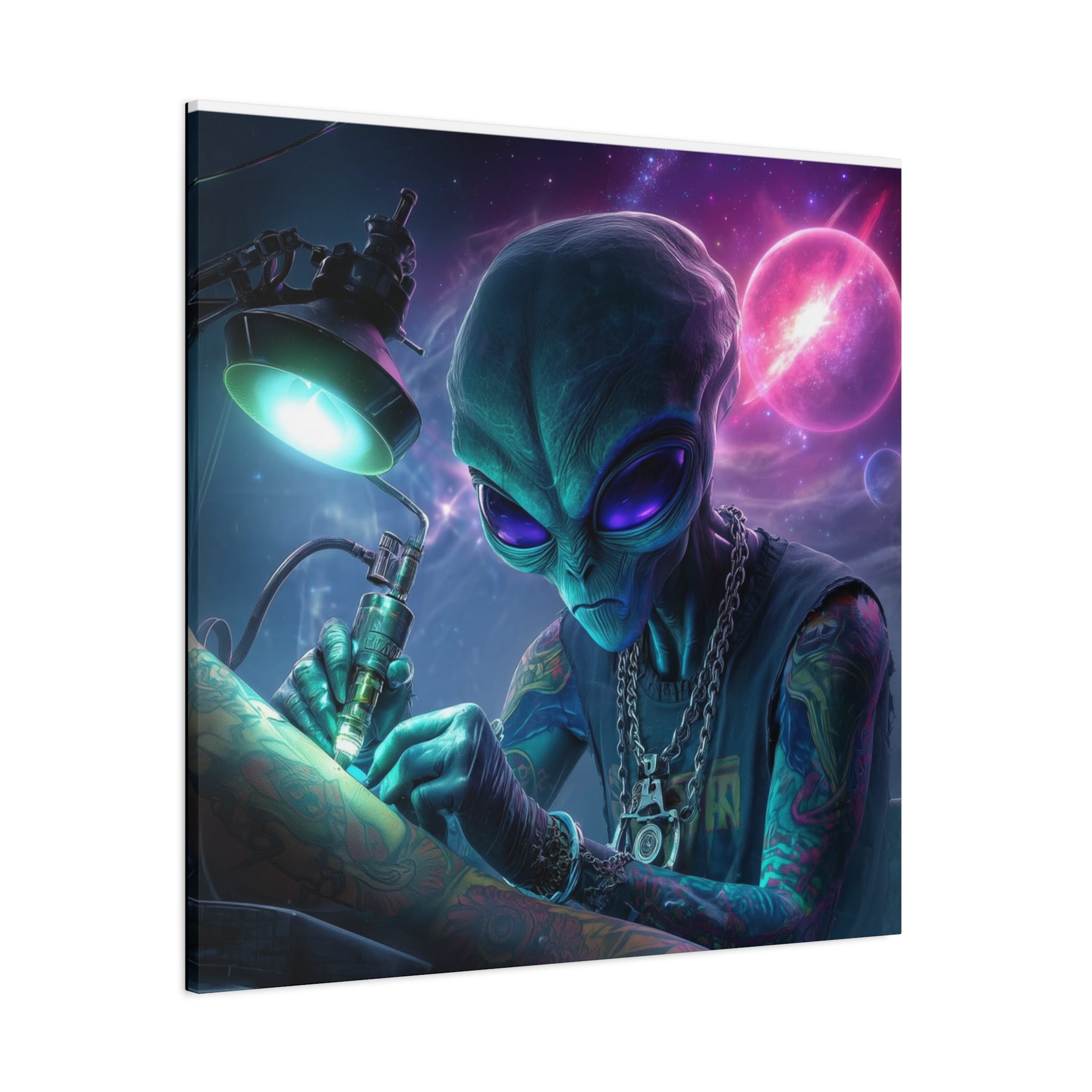 Alien Tattoo Artist Matte Canvas Print — Sci‑Fi Wall Art for Gamers & Nerd Decor