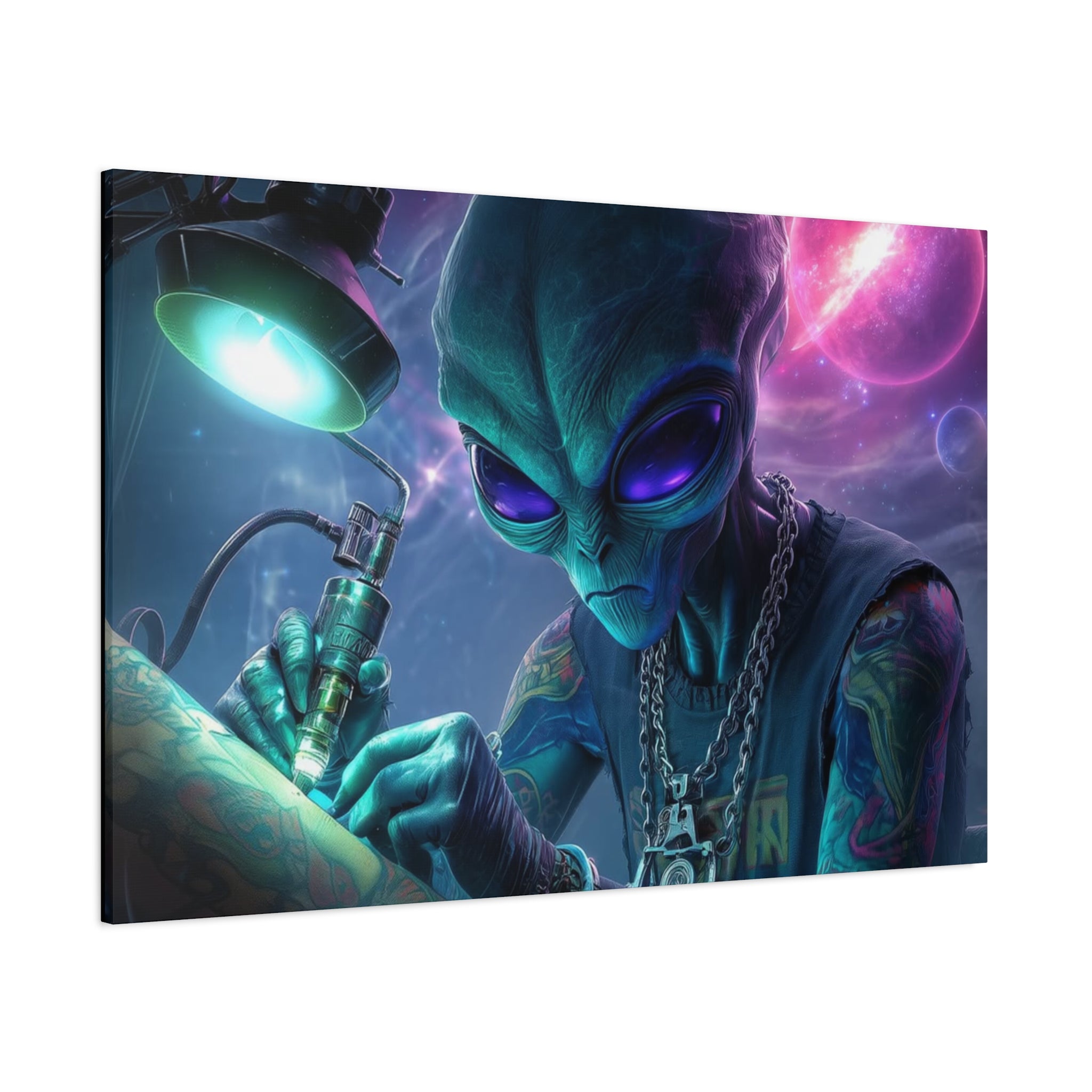 Alien Tattoo Artist Matte Canvas Print — Sci‑Fi Wall Art for Gamers & Nerd Decor