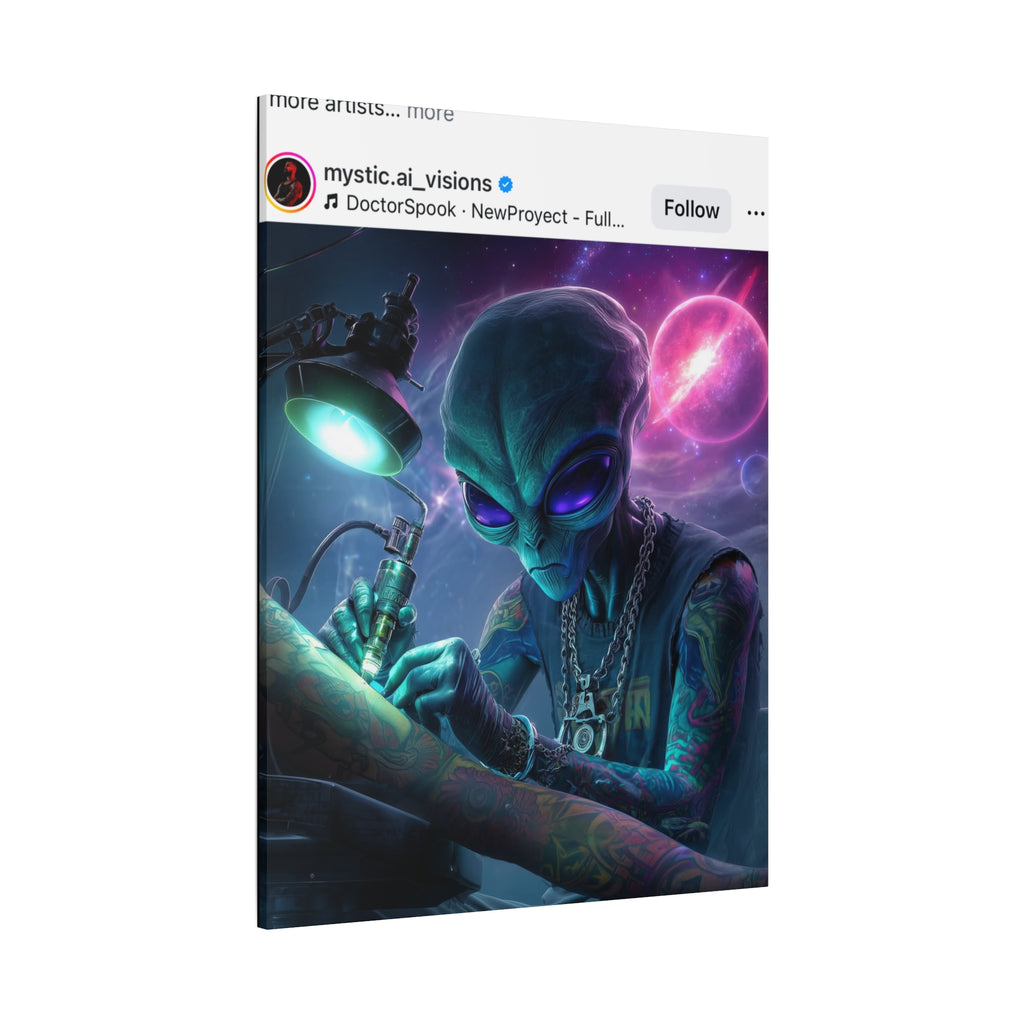 Alien Tattoo Artist Matte Canvas Print — Sci‑Fi Wall Art for Gamers & Nerd Decor