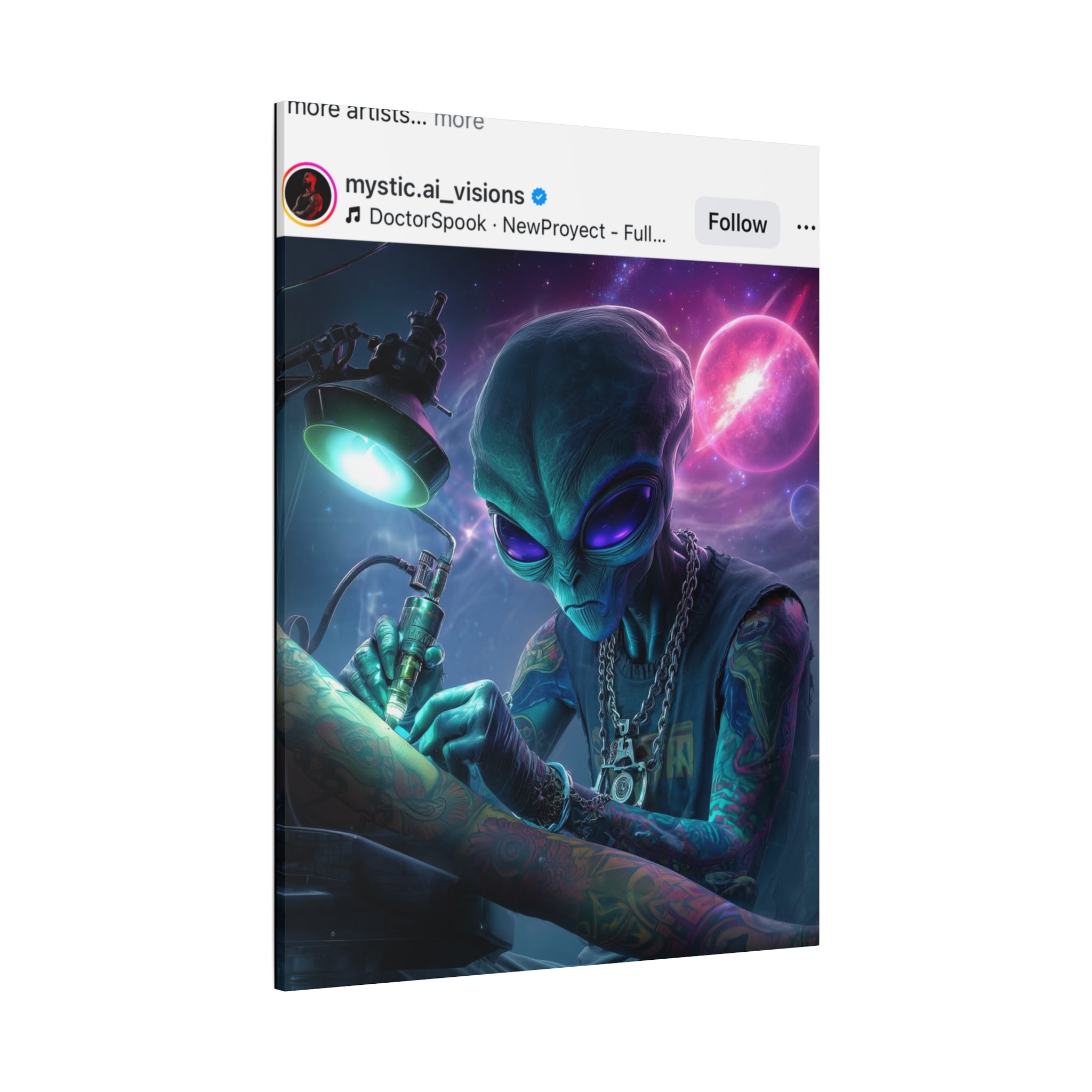 Alien Tattoo Artist Matte Canvas Print — Sci‑Fi Wall Art for Gamers & Nerd Decor