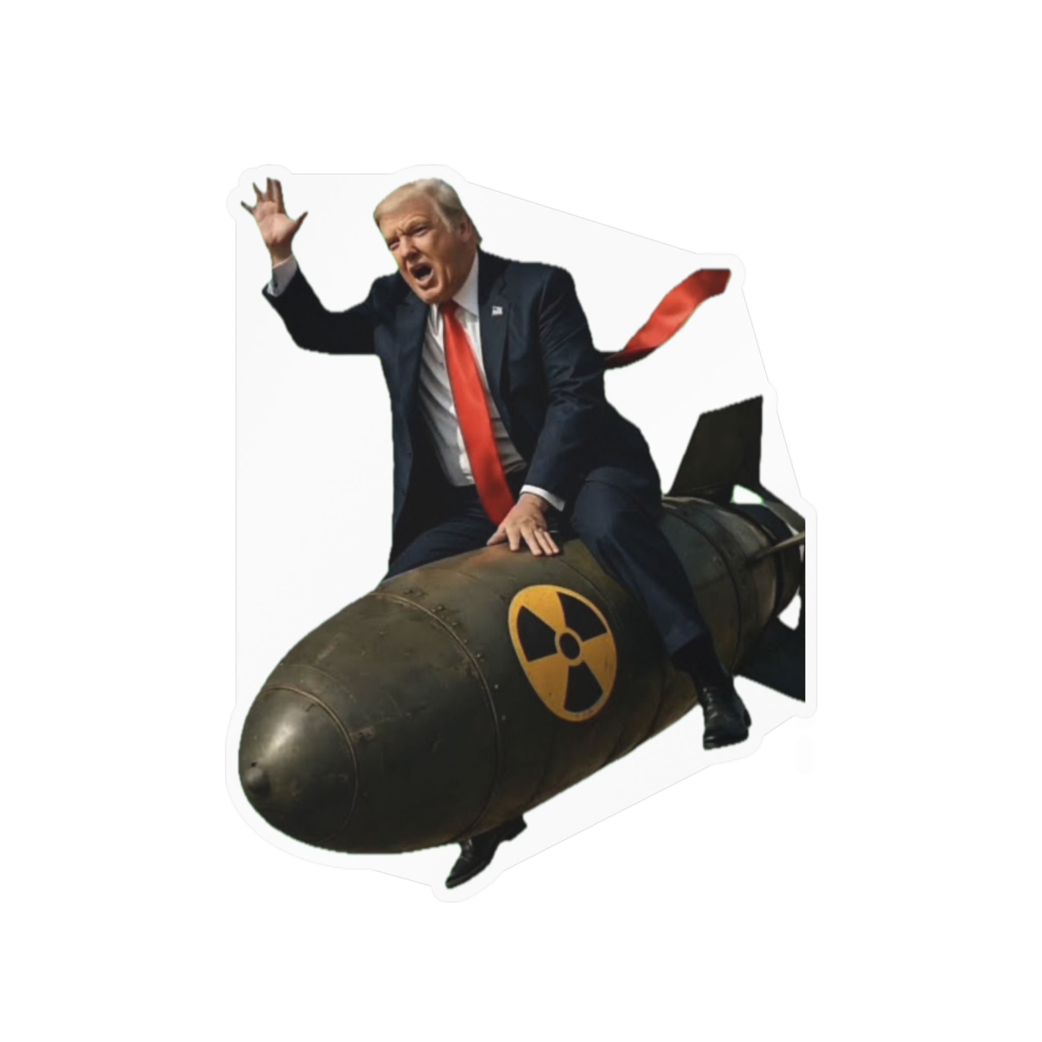 Political Satire Vinyl Sticker — Man Riding Nuclear Bomb Kiss-Cut Decal