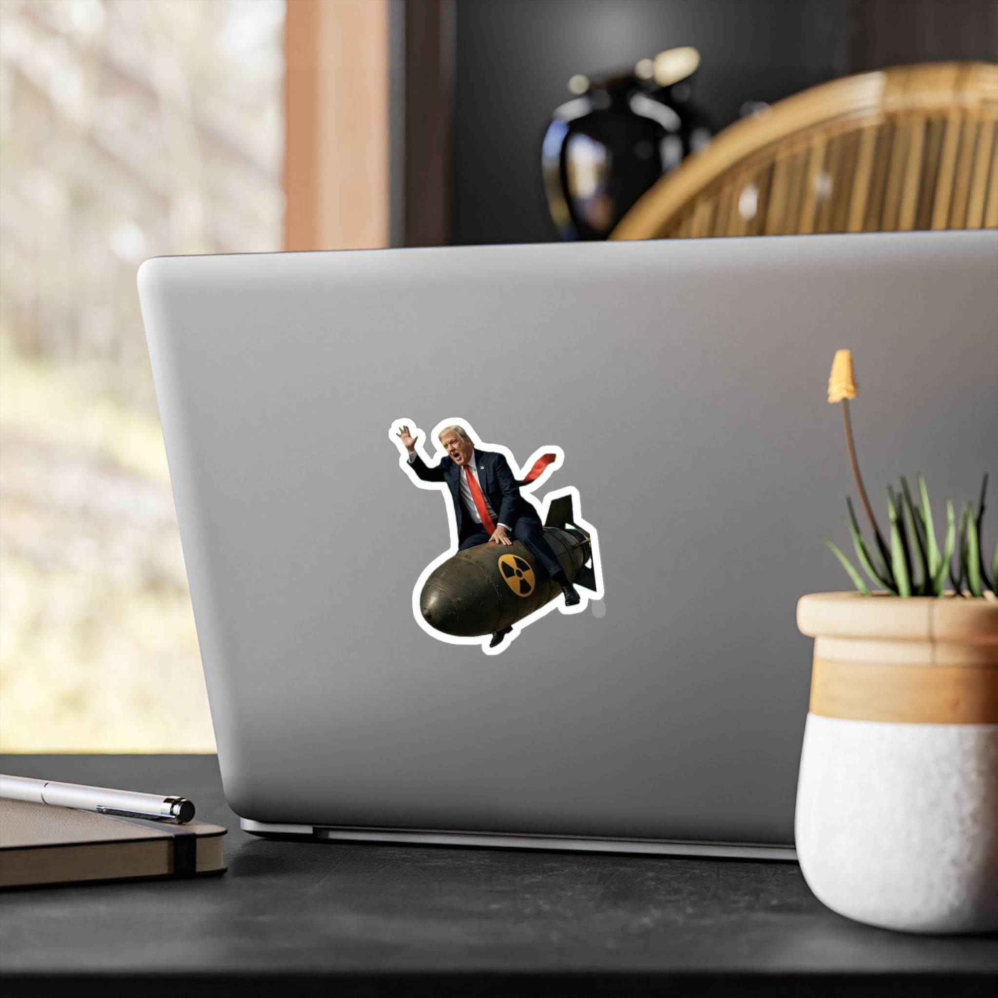 Political Satire Vinyl Sticker — Man Riding Nuclear Bomb Kiss-Cut Decal