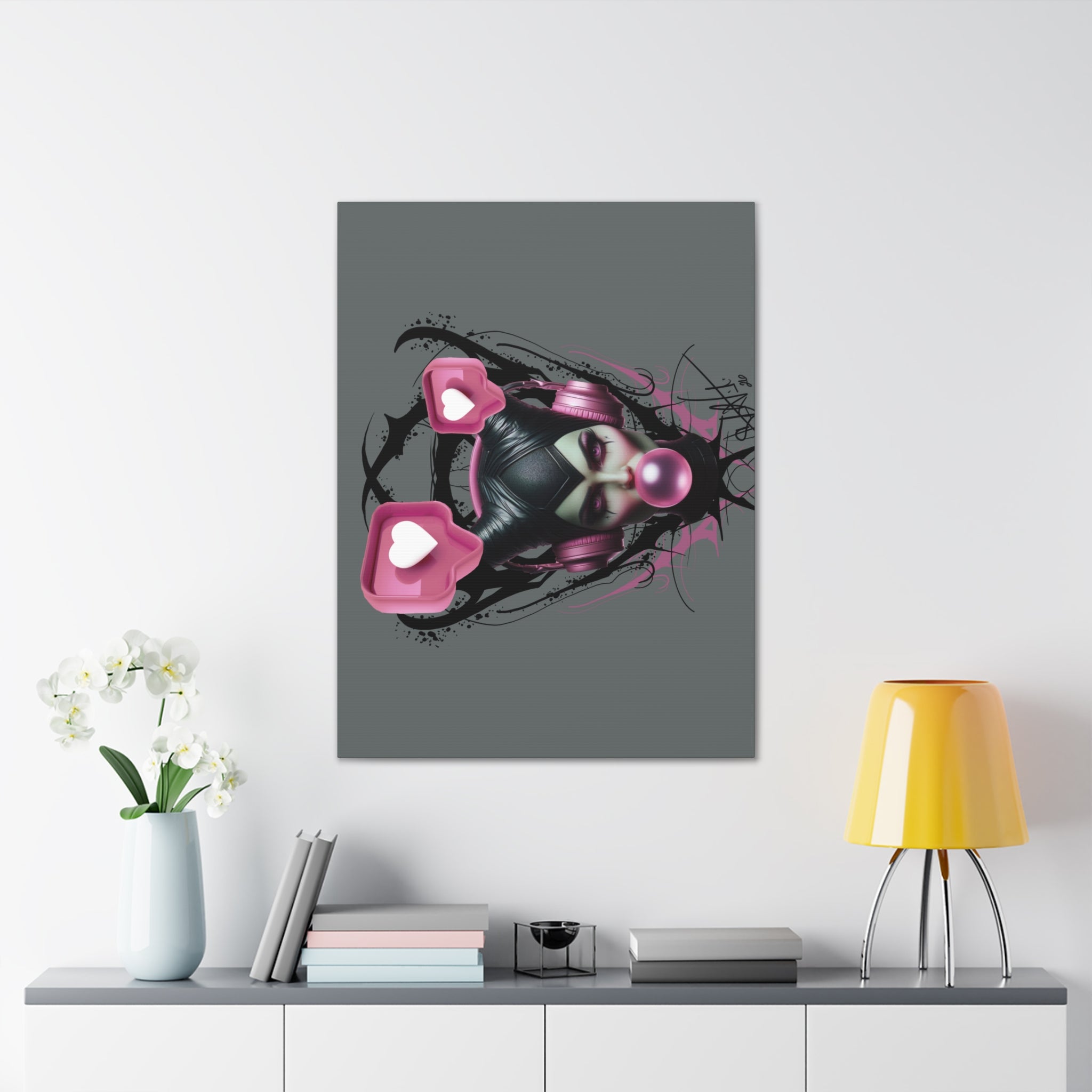 Gothic Pop Art Canvas Print — Pink Headphones & Bubblegum Femme