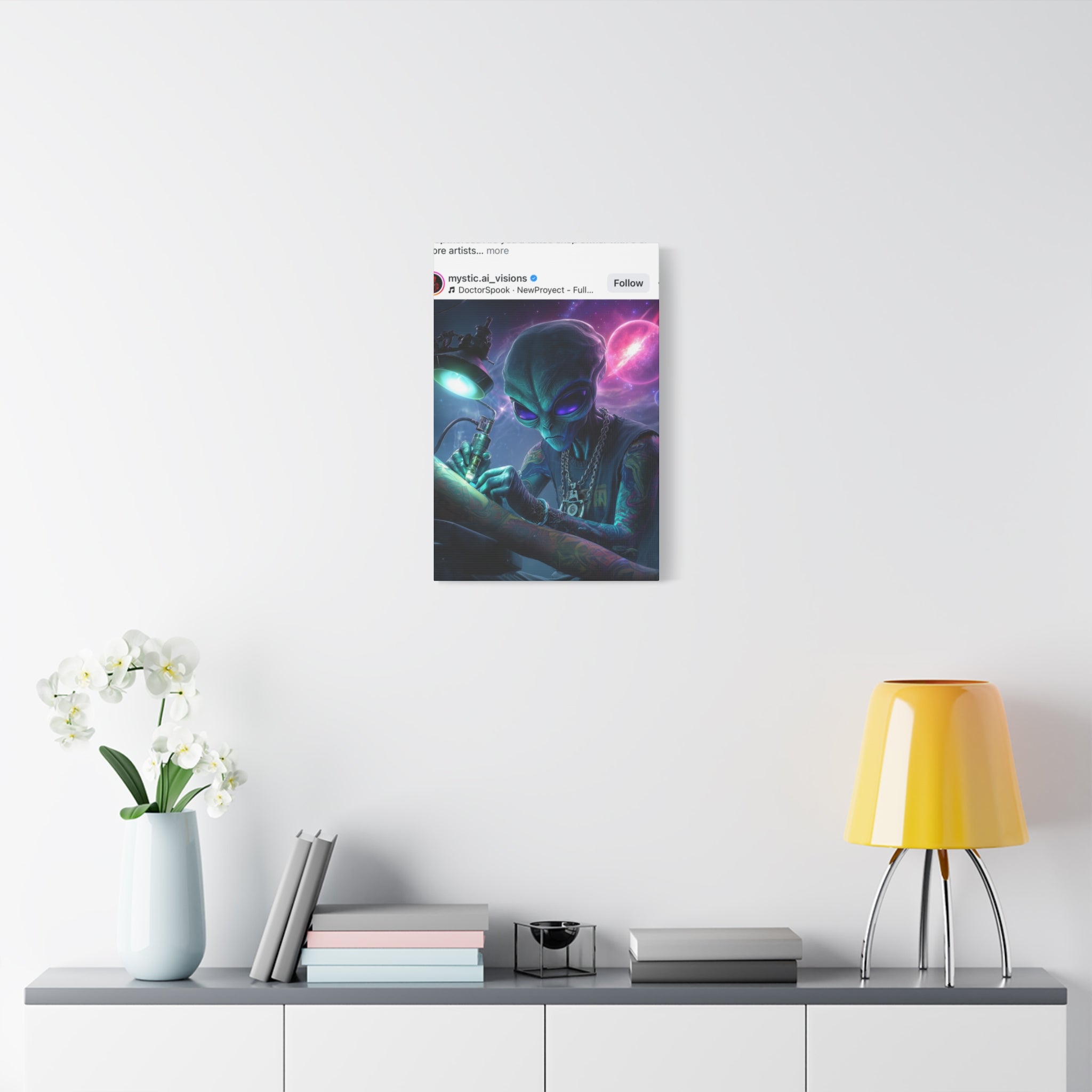 Alien Tattoo Artist Matte Canvas Print — Sci‑Fi Wall Art for Gamers & Nerd Decor