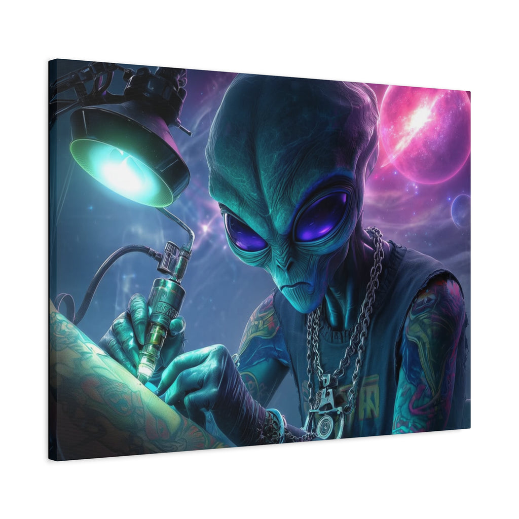 Alien Tattoo Artist Matte Canvas Print — Sci‑Fi Wall Art for Gamers & Nerd Decor