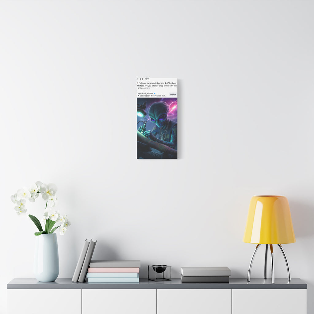Alien Tattoo Artist Matte Canvas Print — Sci‑Fi Wall Art for Gamers & Nerd Decor