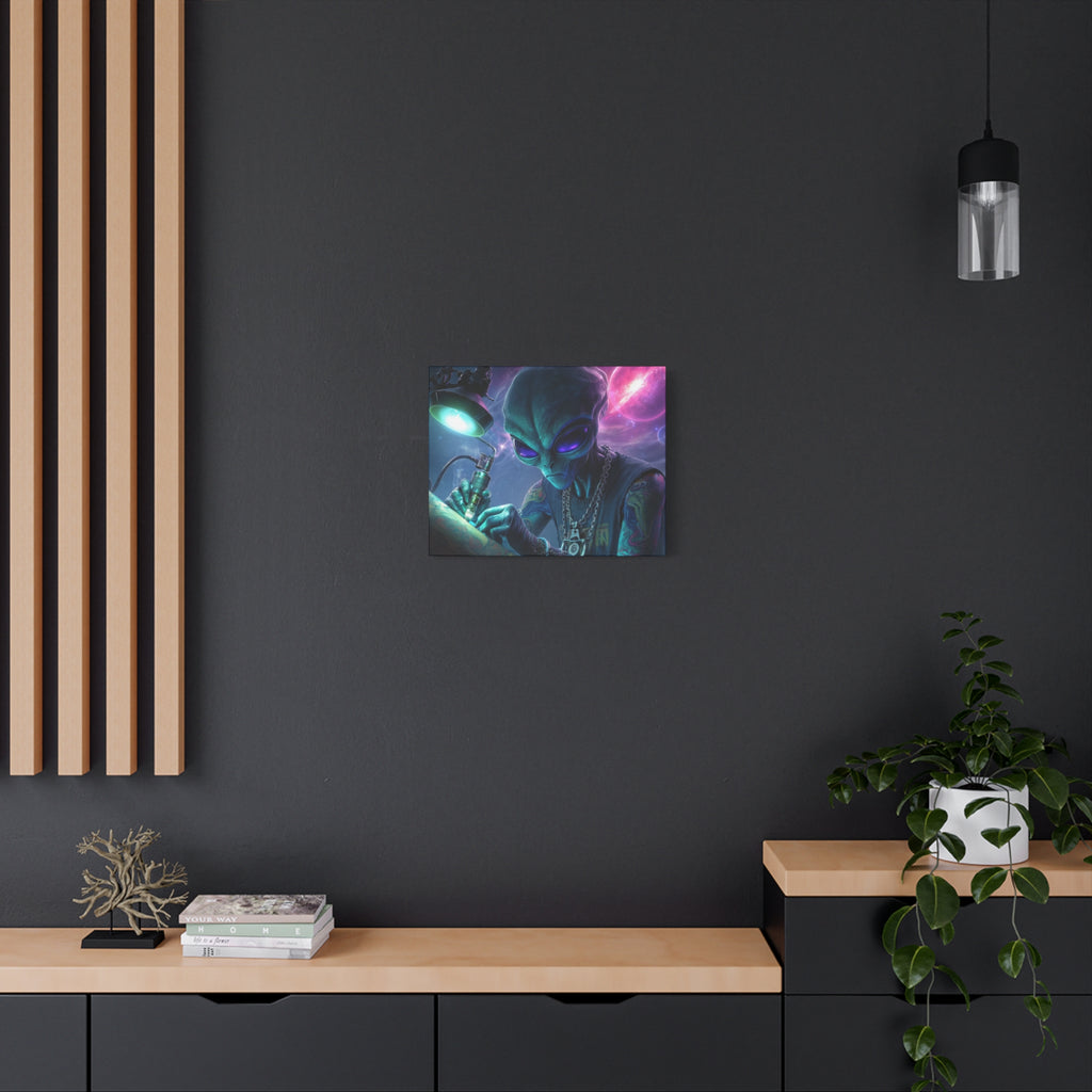 Alien Tattoo Artist Matte Canvas Print — Sci‑Fi Wall Art for Gamers & Nerd Decor