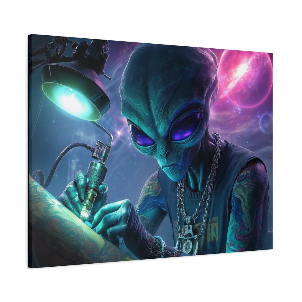 Alien Tattoo Artist Matte Canvas Print — Sci‑Fi Wall Art for Gamers & Nerd Decor