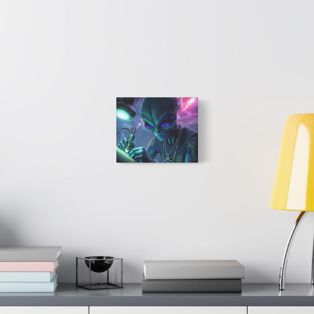 Alien Tattoo Artist Matte Canvas Print — Sci‑Fi Wall Art for Gamers & Nerd Decor