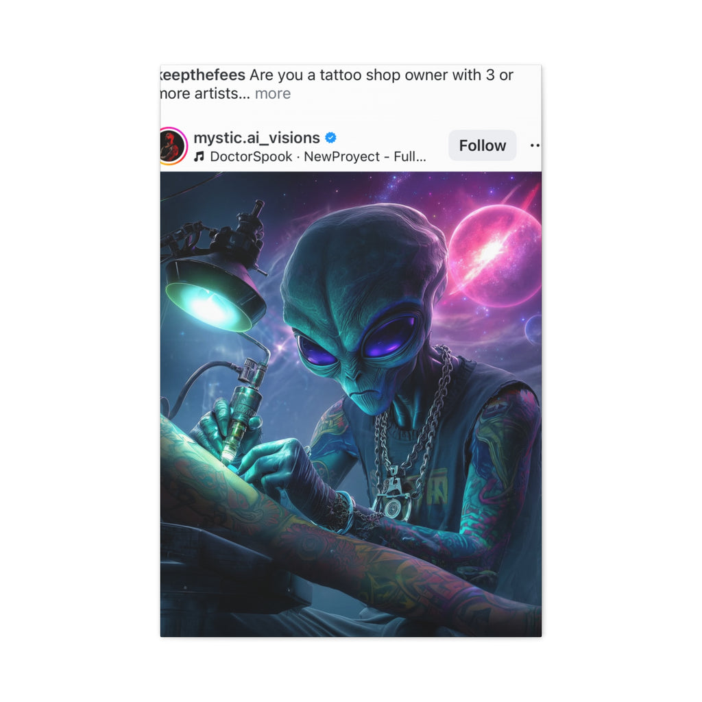 Alien Tattoo Artist Matte Canvas Print — Sci‑Fi Wall Art for Gamers & Nerd Decor