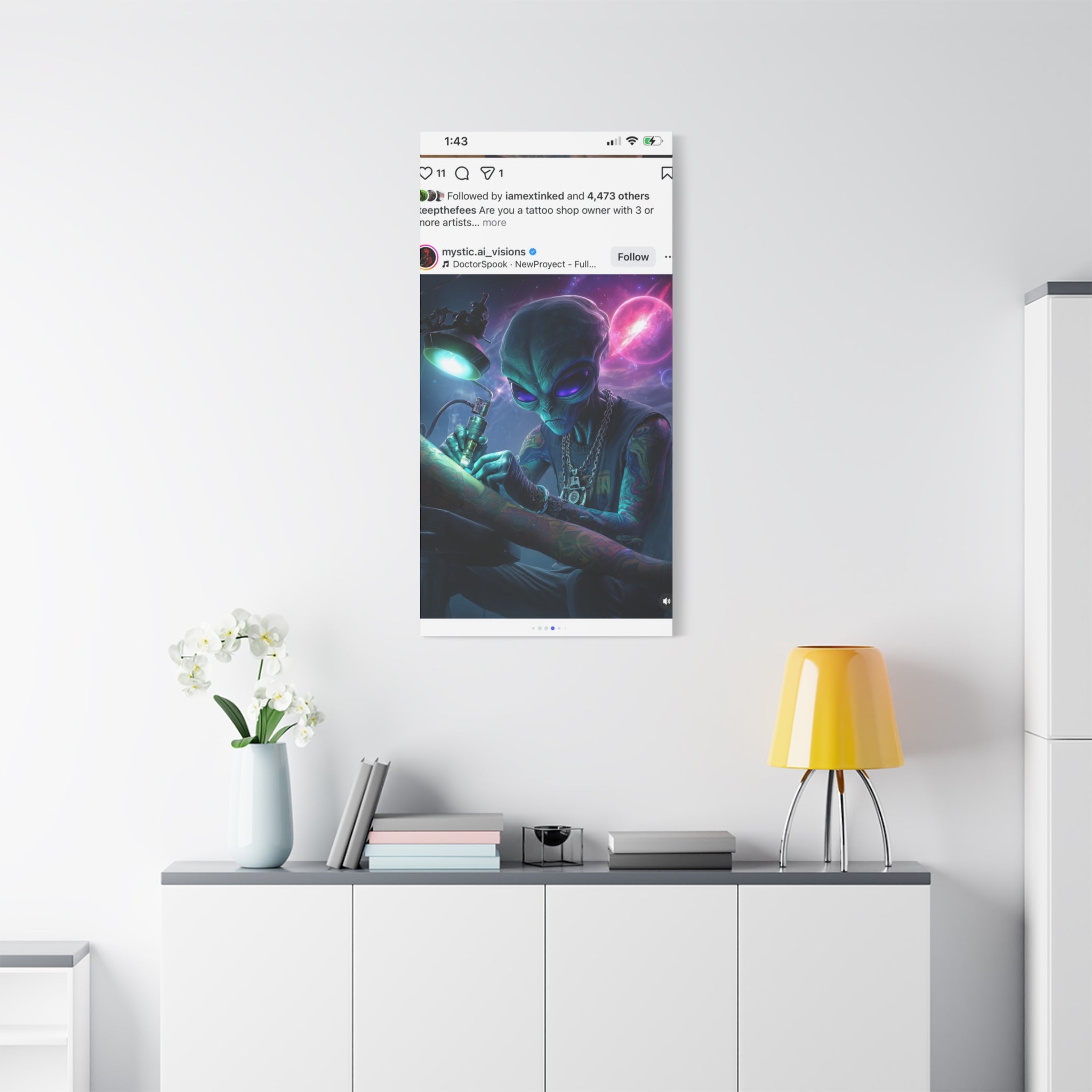 Alien Tattoo Artist Matte Canvas Print — Sci‑Fi Wall Art for Gamers & Nerd Decor