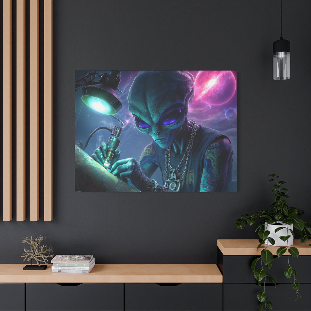 Alien Tattoo Artist Matte Canvas Print — Sci‑Fi Wall Art for Gamers & Nerd Decor