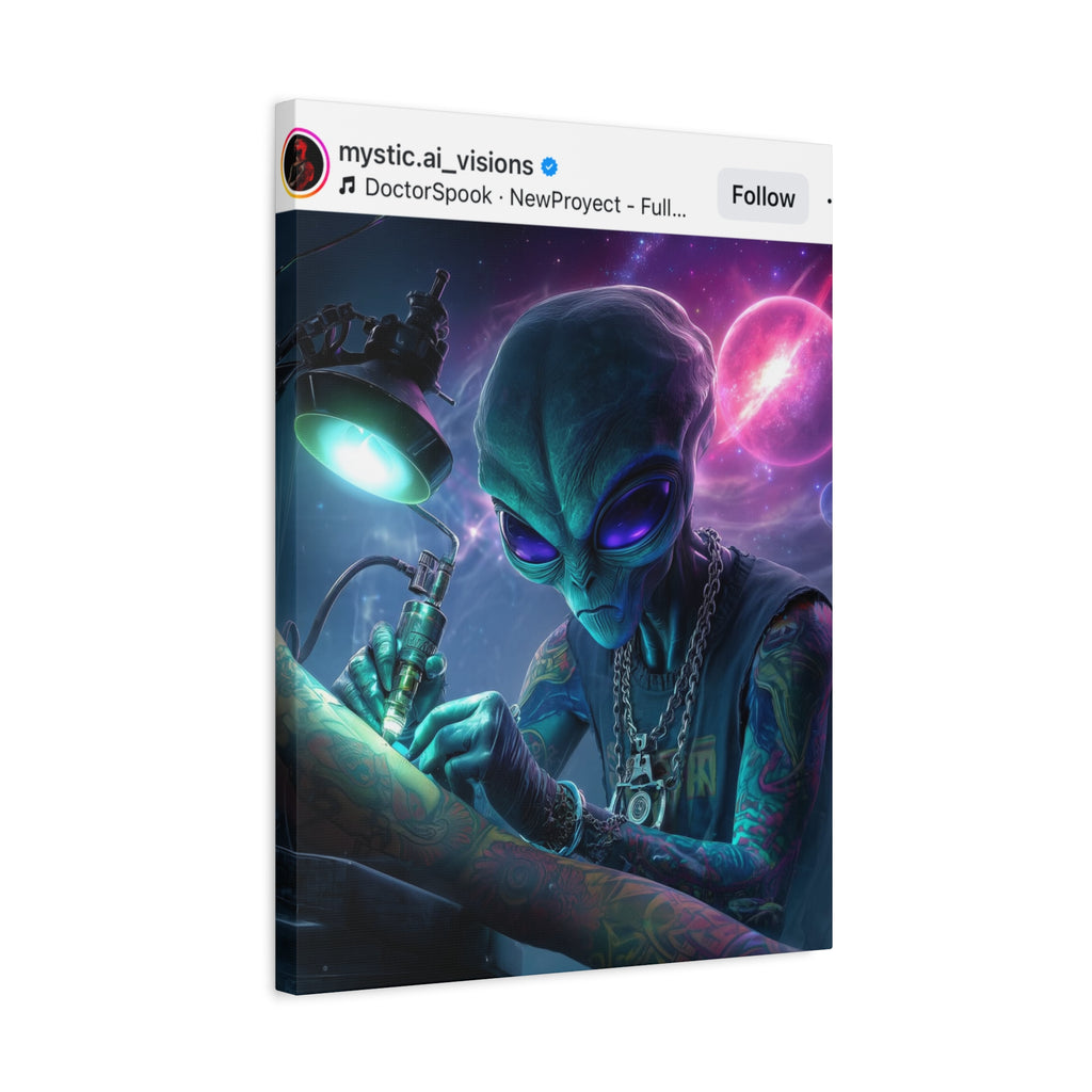 Alien Tattoo Artist Matte Canvas Print — Sci‑Fi Wall Art for Gamers & Nerd Decor