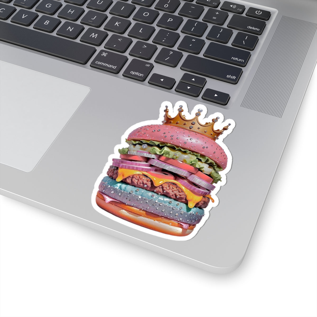 Royal Rainbow Burger Kiss-Cut Sticker — Funky Crowned Cheeseburger Decal