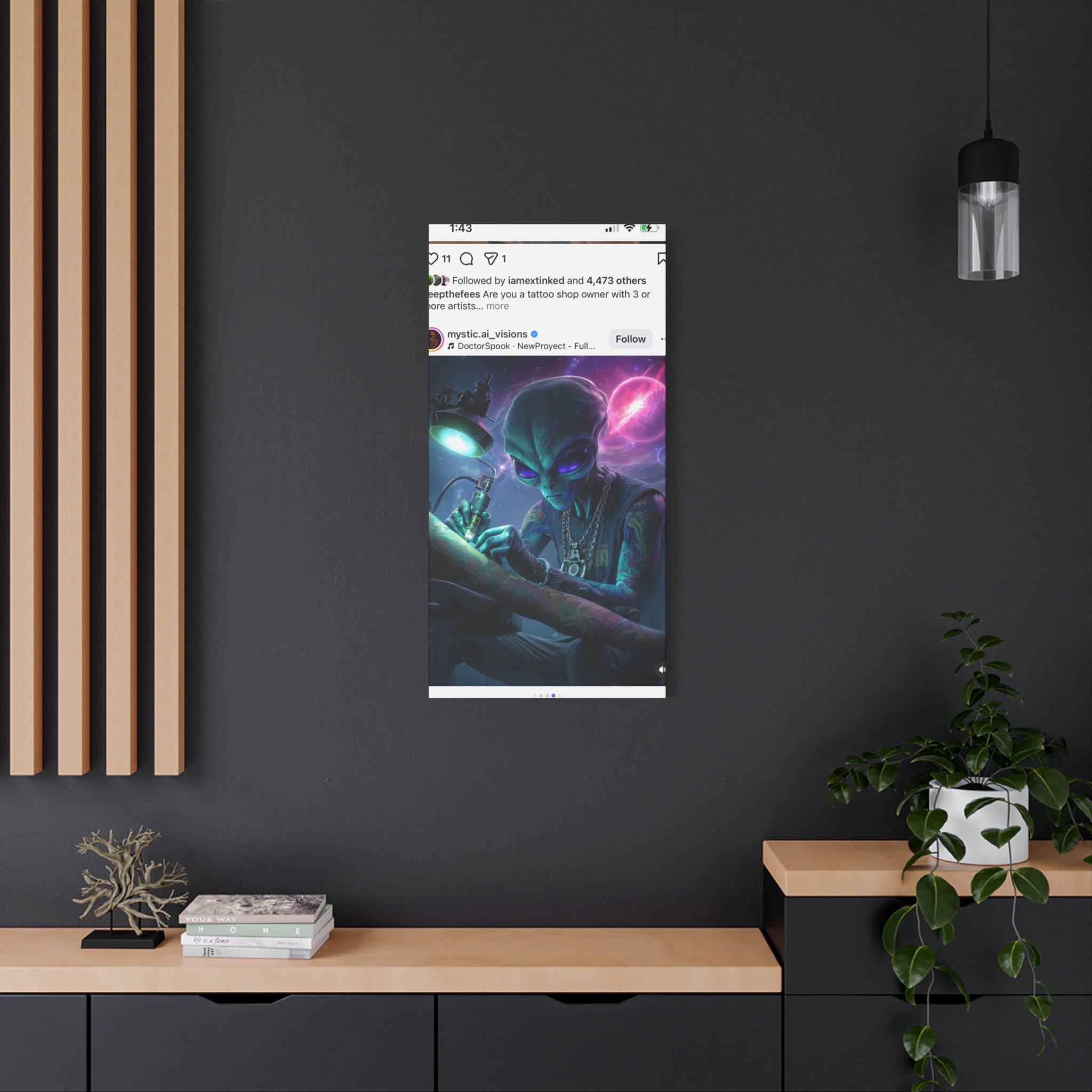 Alien Tattoo Artist Matte Canvas Print — Sci‑Fi Wall Art for Gamers & Nerd Decor
