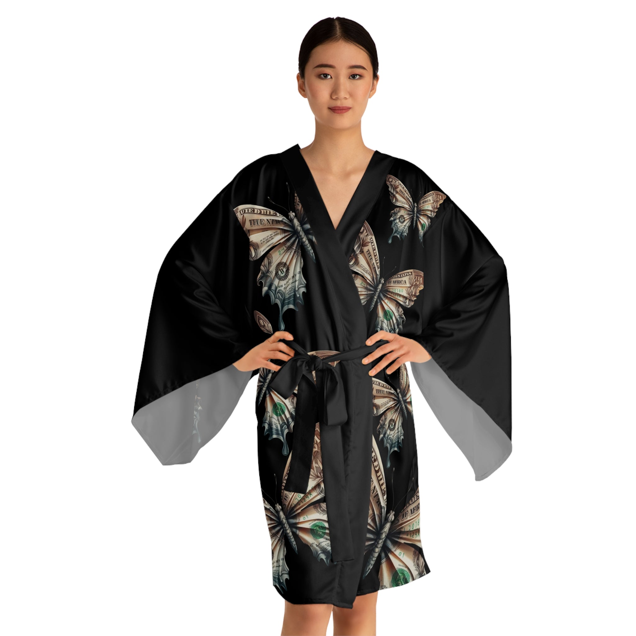 Butterfly Money Kimono Robe — Black All-Over-Print Lounge Jacket