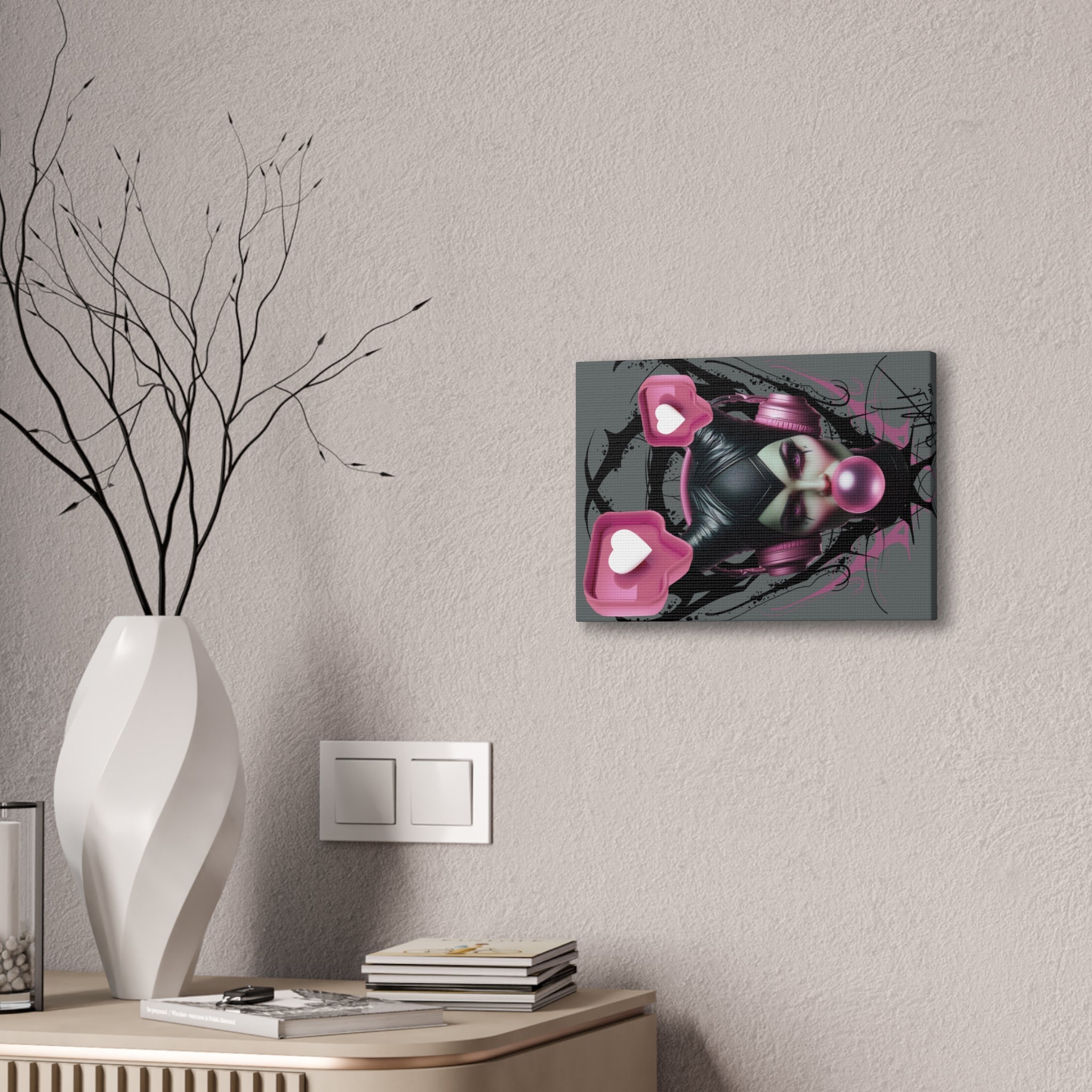 Gothic Pop Art Canvas Print — Pink Headphones & Bubblegum Femme