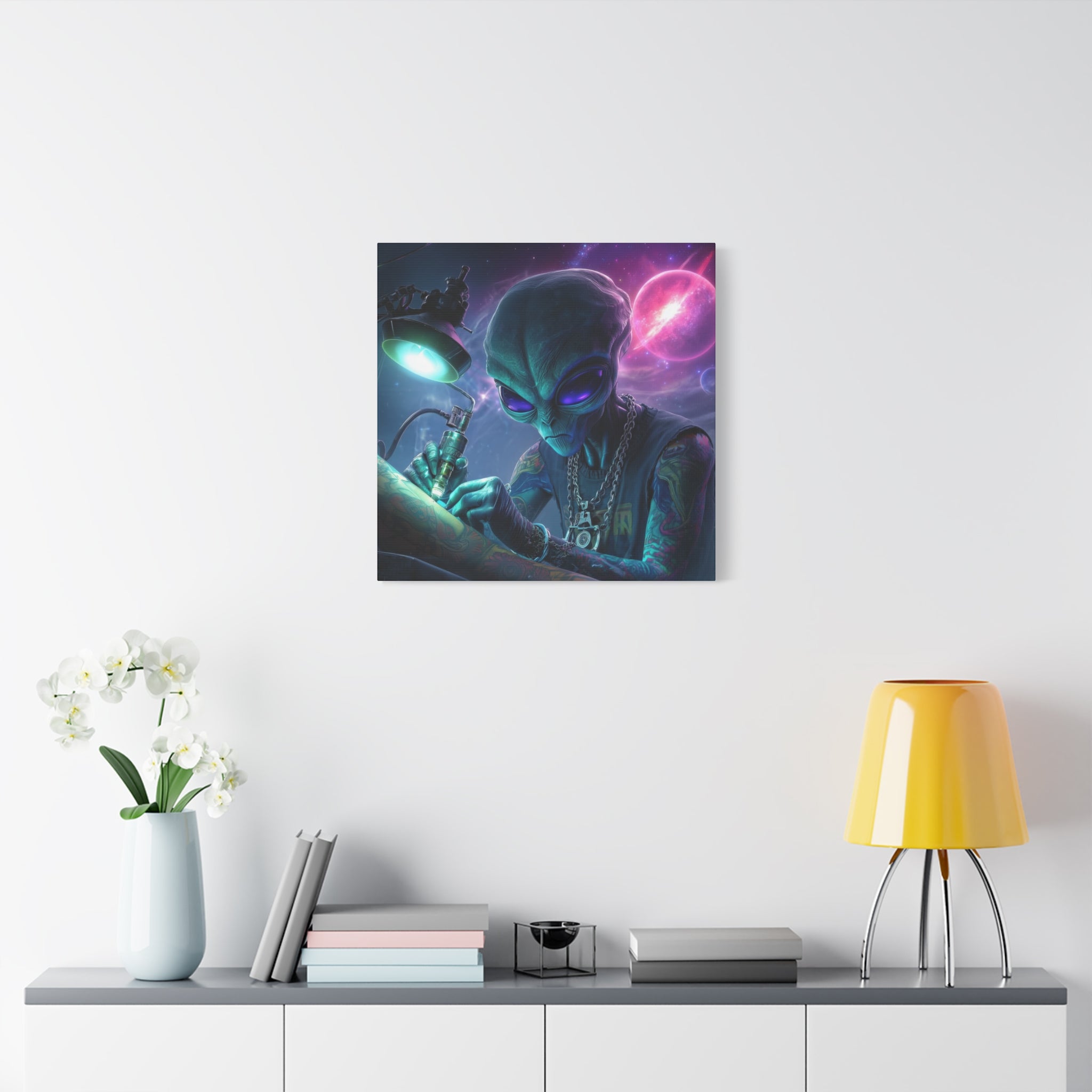 Alien Tattoo Artist Matte Canvas Print — Sci‑Fi Wall Art for Gamers & Nerd Decor