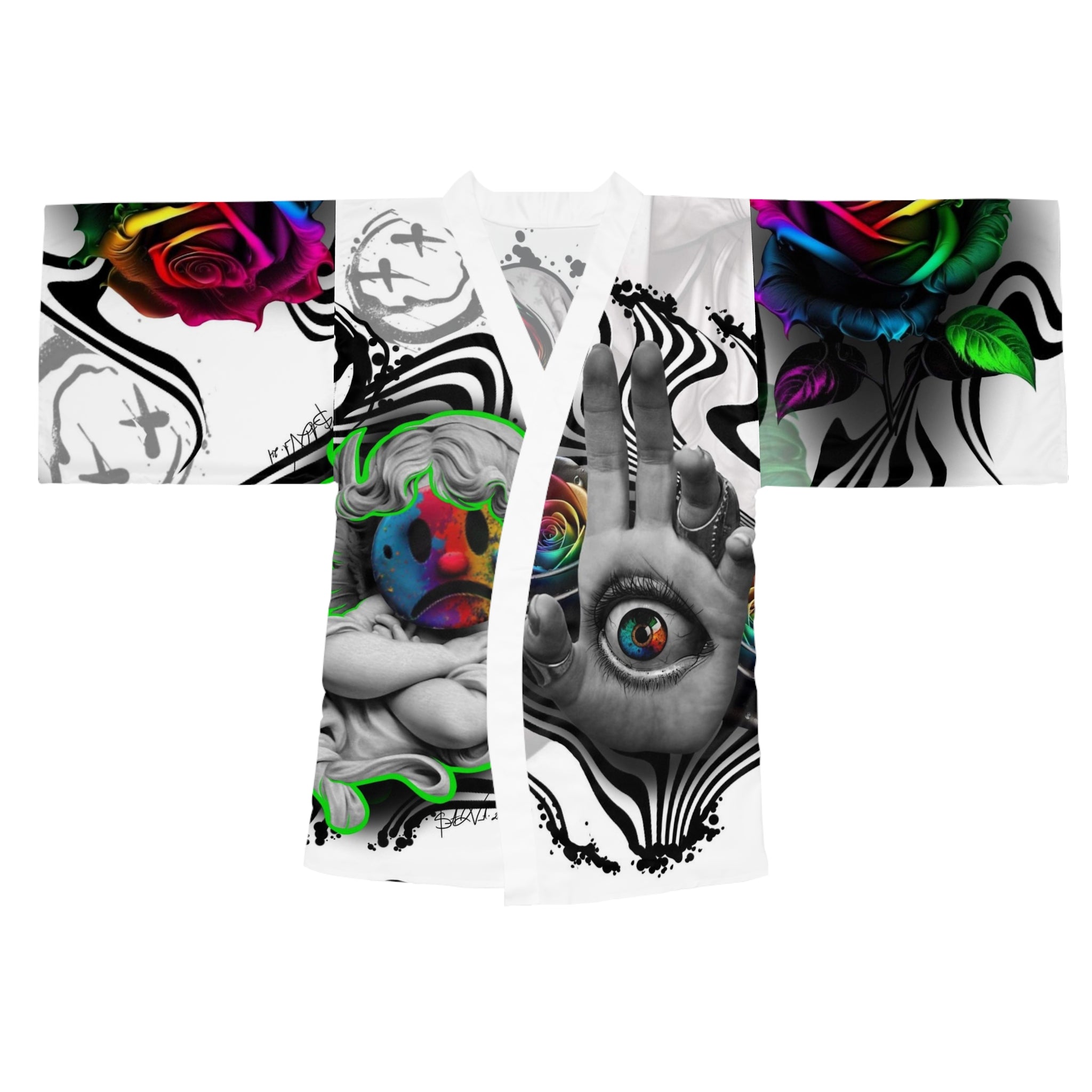 Psychedelic Kimono Robe — Colorful Surreal Rose & Hand Graphic by Artist Mizz Extinked