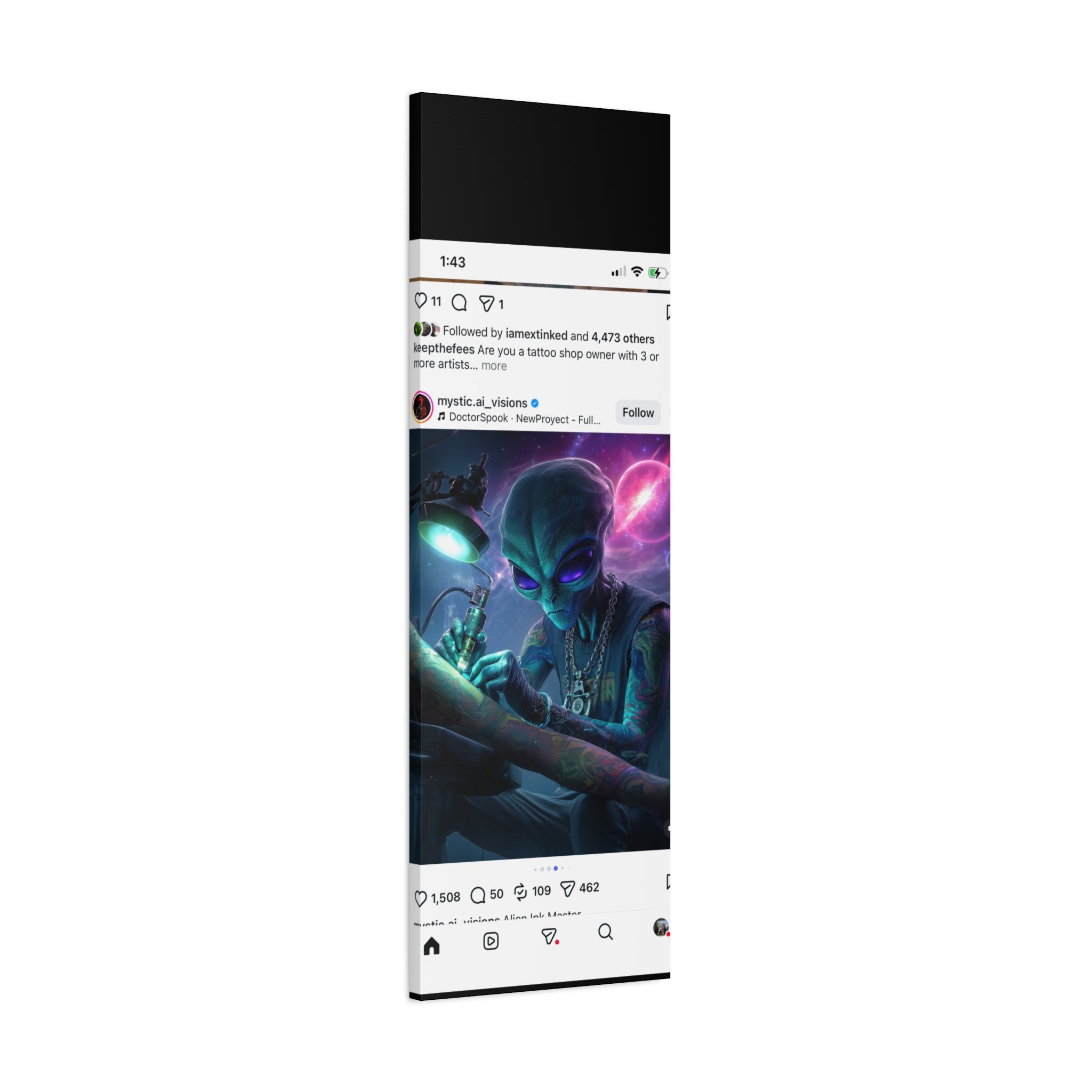 Alien Tattoo Artist Matte Canvas Print — Sci‑Fi Wall Art for Gamers & Nerd Decor