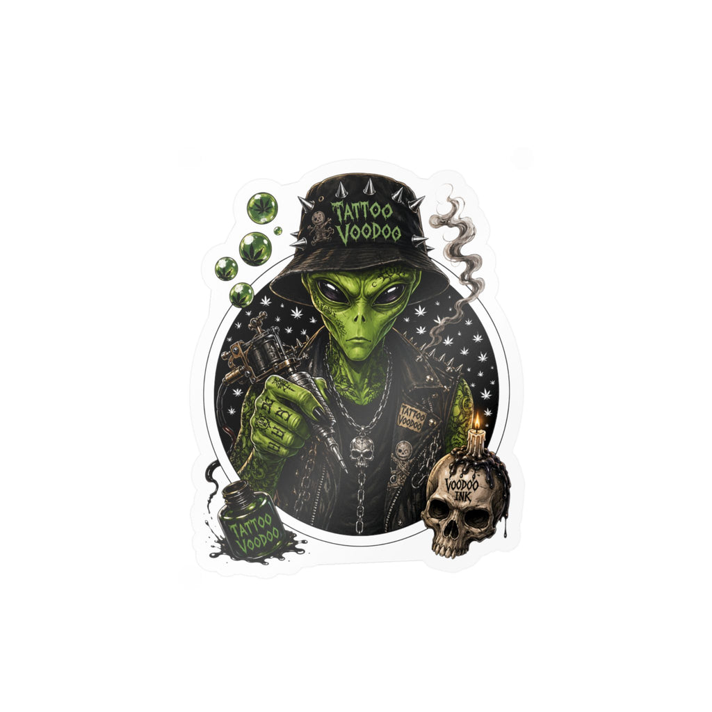 Alien Voodoo Tattoo Kiss-Cut Vinyl Decal — Green Alien with Skull & Smoke
