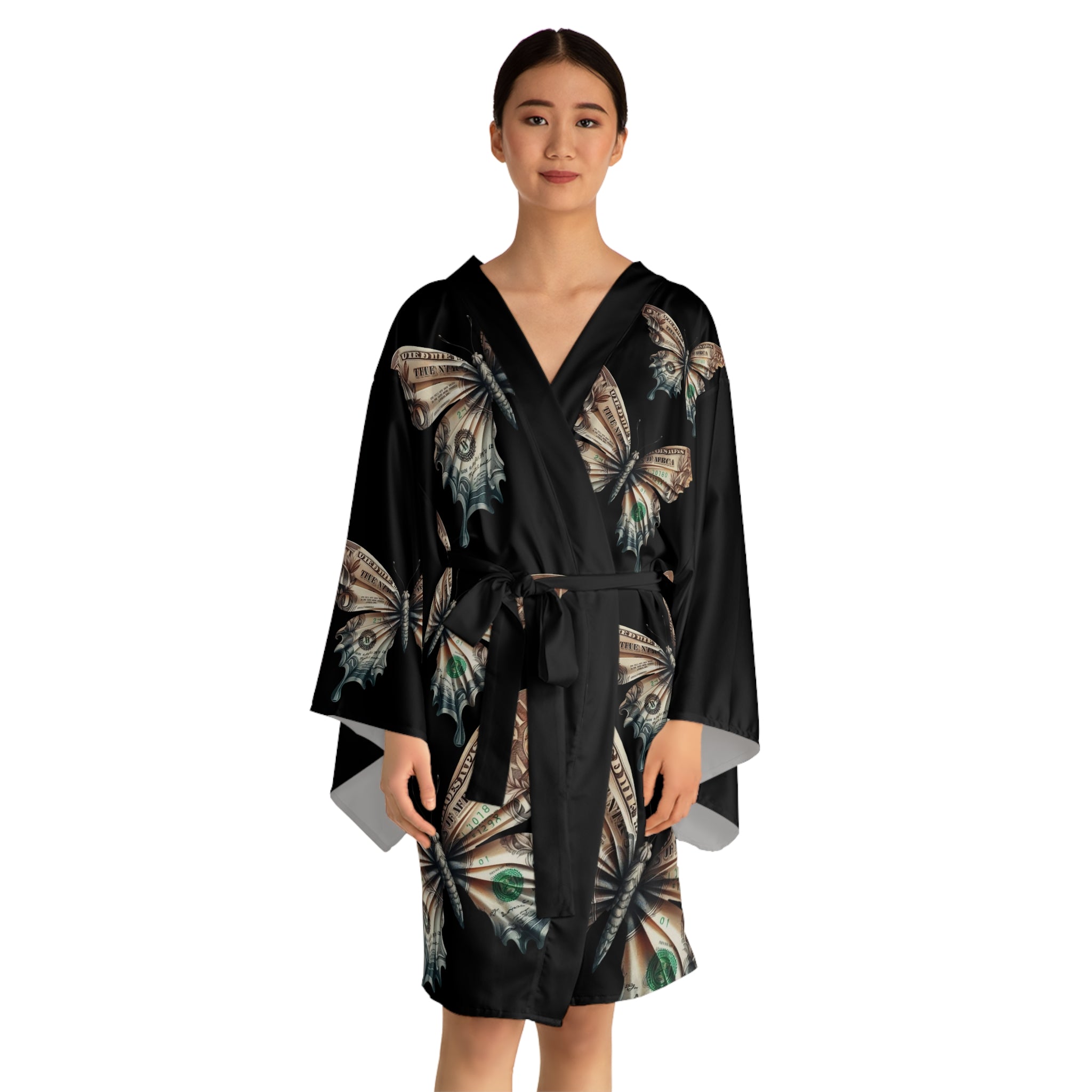 Butterfly Money Kimono Robe — Black All-Over-Print Lounge Jacket