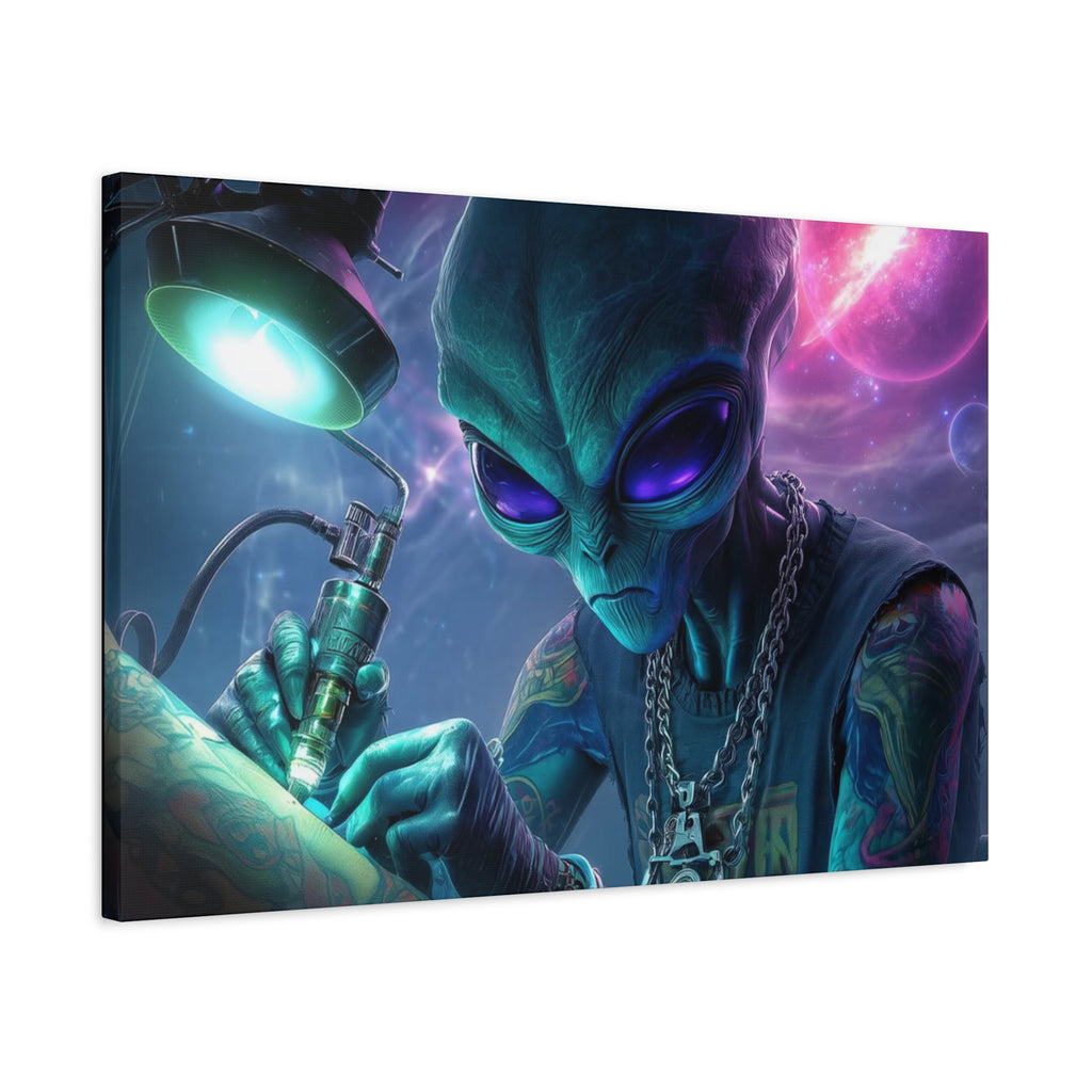 Alien Tattoo Artist Matte Canvas Print — Sci‑Fi Wall Art for Gamers & Nerd Decor