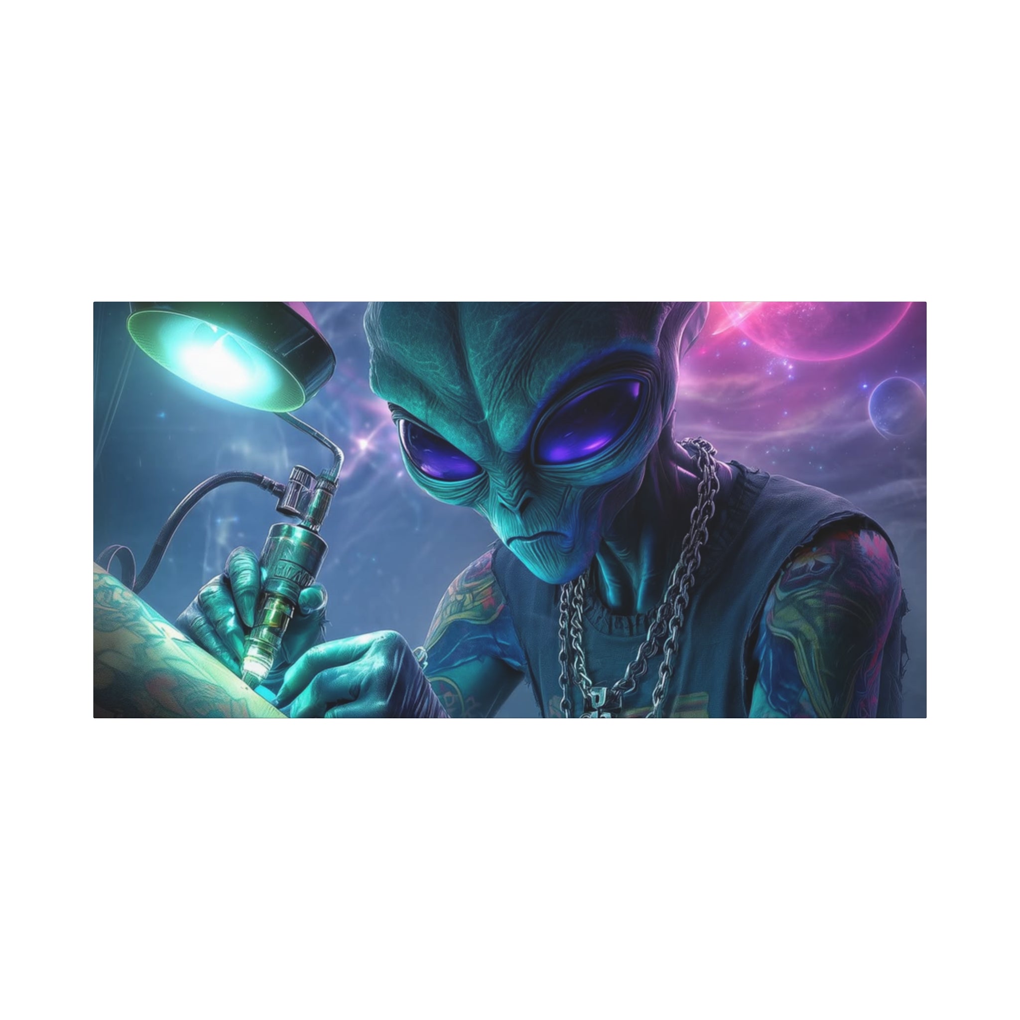 Alien Tattoo Artist Matte Canvas Print — Sci‑Fi Wall Art for Gamers & Nerd Decor
