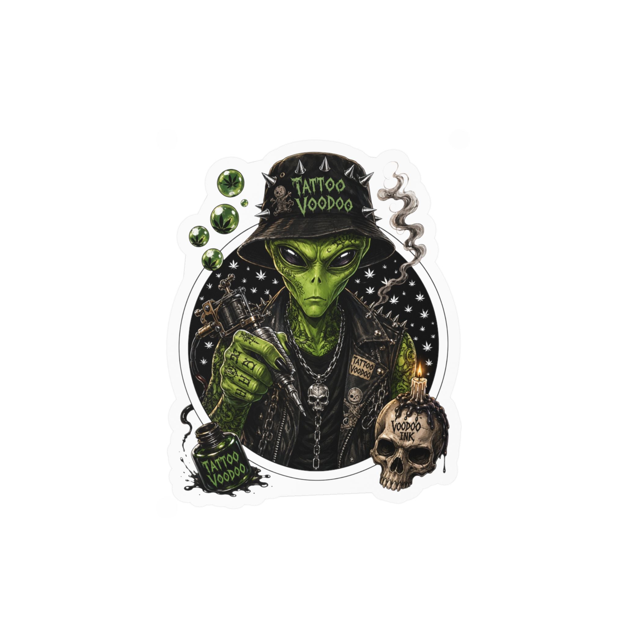 Alien Voodoo Tattoo Kiss-Cut Vinyl Decal — Green Alien with Skull & Smoke
