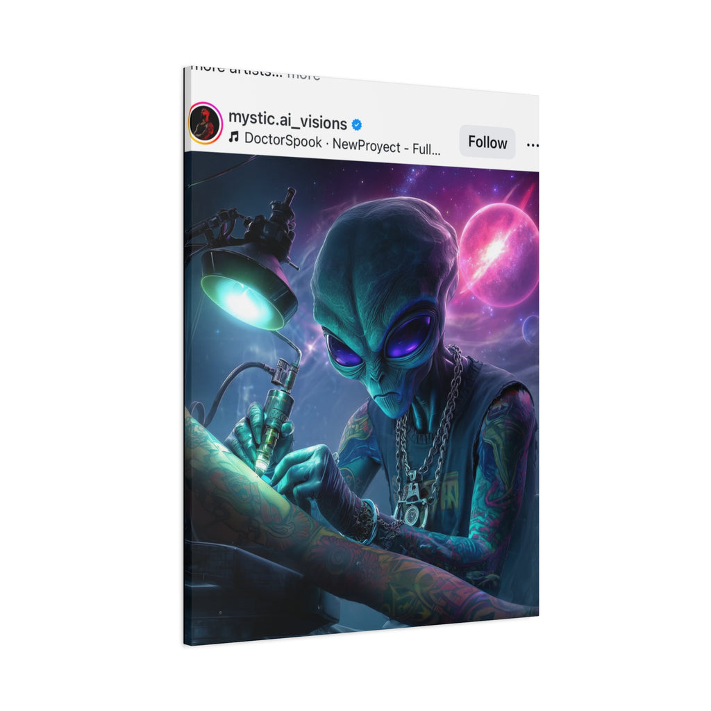 Alien Tattoo Artist Matte Canvas Print — Sci‑Fi Wall Art for Gamers & Nerd Decor