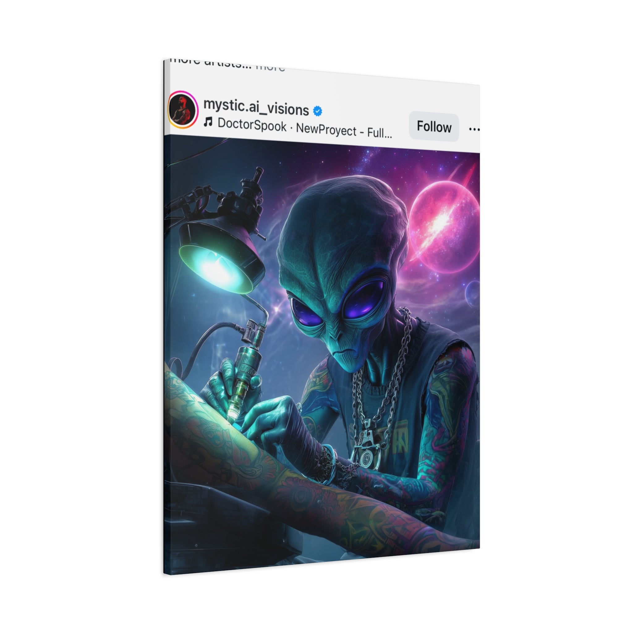 Alien Tattoo Artist Matte Canvas Print — Sci‑Fi Wall Art for Gamers & Nerd Decor