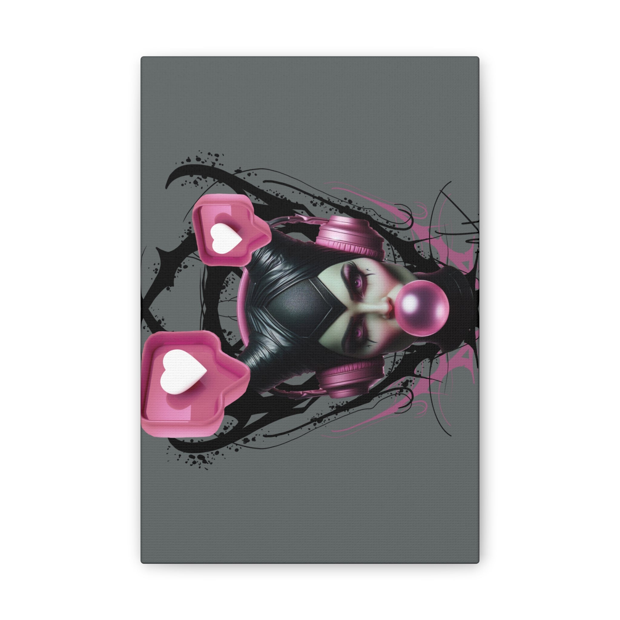 Gothic Pop Art Canvas Print — Pink Headphones & Bubblegum Femme