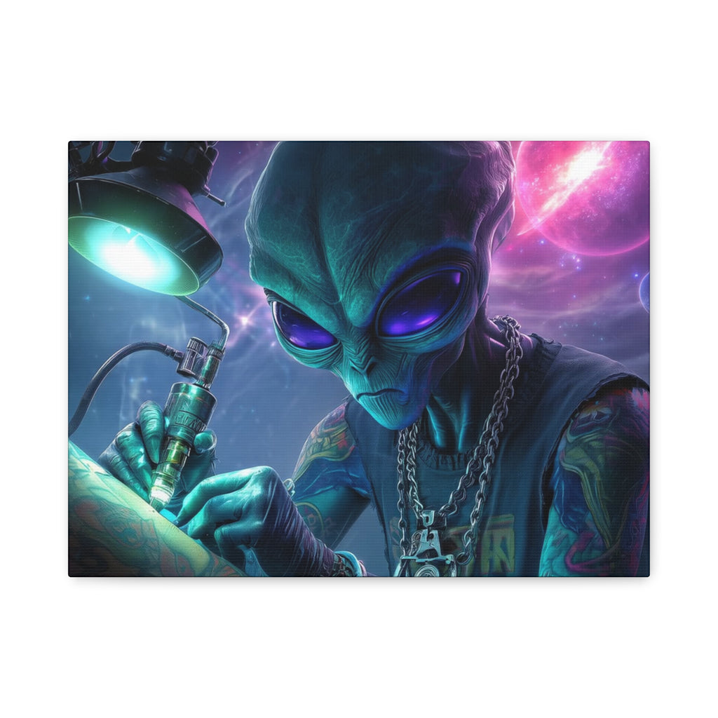 Alien Tattoo Artist Matte Canvas Print — Sci‑Fi Wall Art for Gamers & Nerd Decor