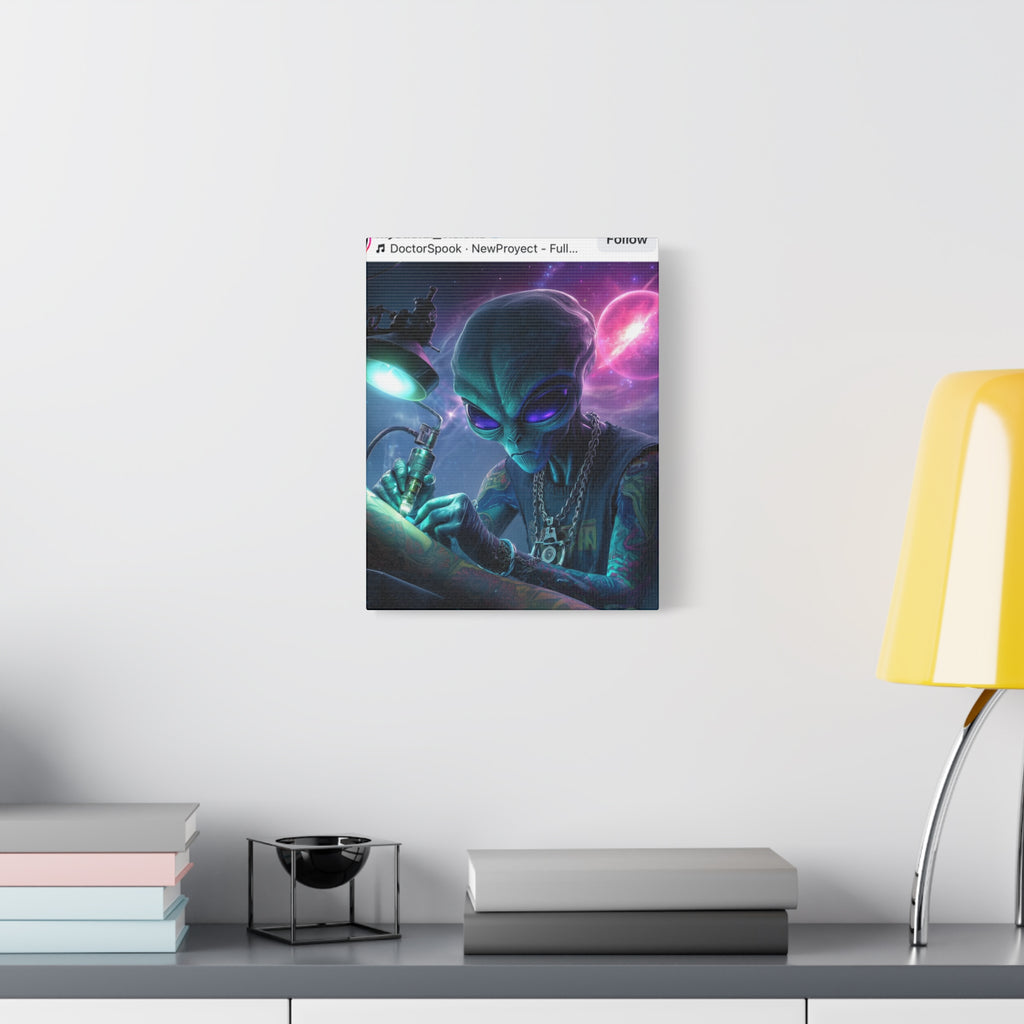 Alien Tattoo Artist Matte Canvas Print — Sci‑Fi Wall Art for Gamers & Nerd Decor