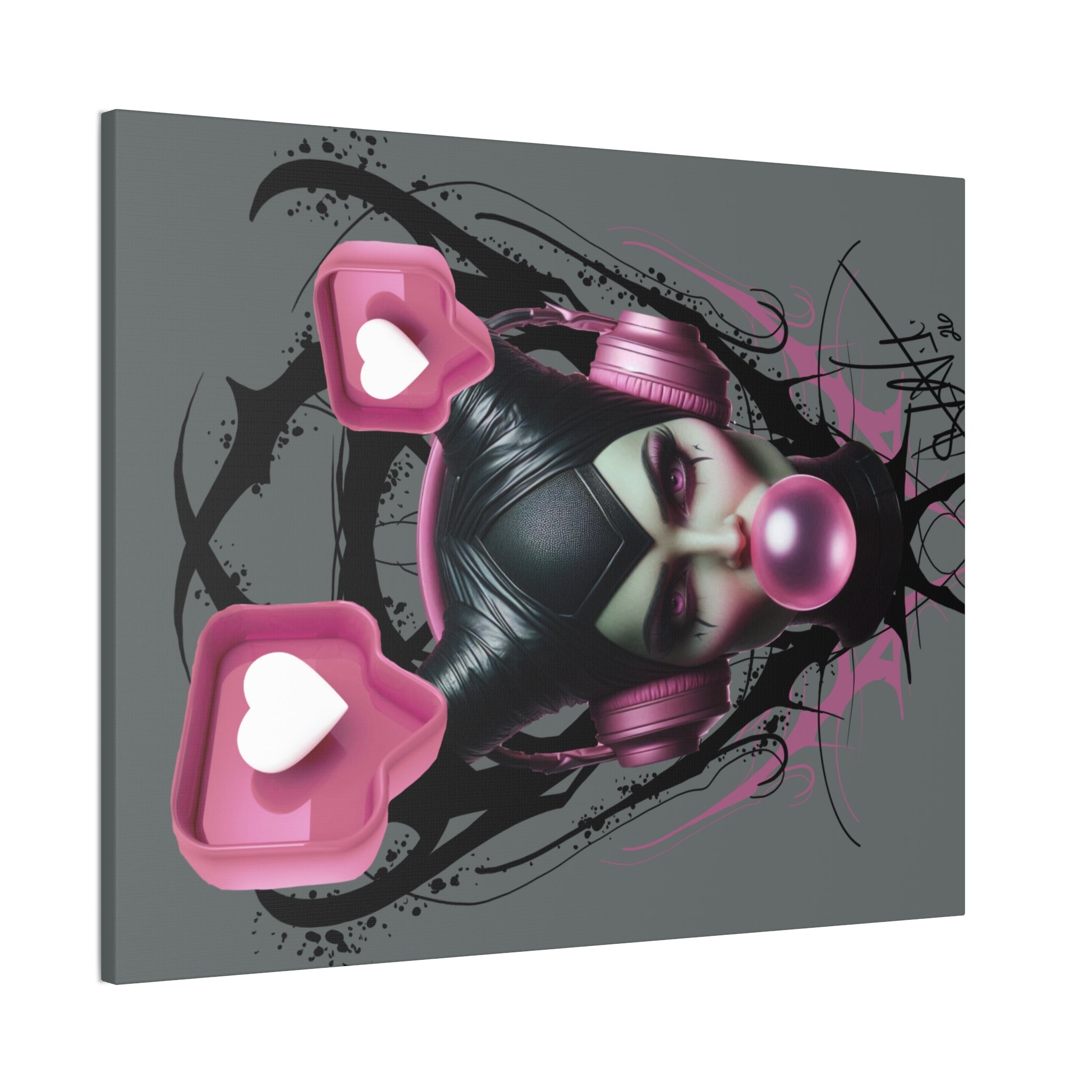 Gothic Pop Art Canvas Print — Pink Headphones & Bubblegum Femme