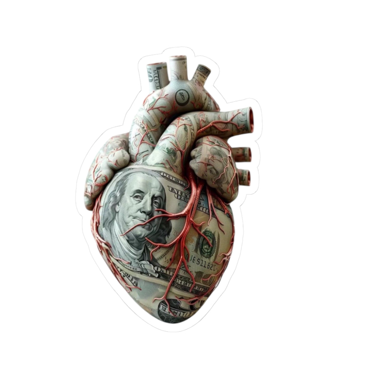 Money Heart Kiss-Cut Sticker — Anatomical Heart Wrapped in 100 Bill Sticker
