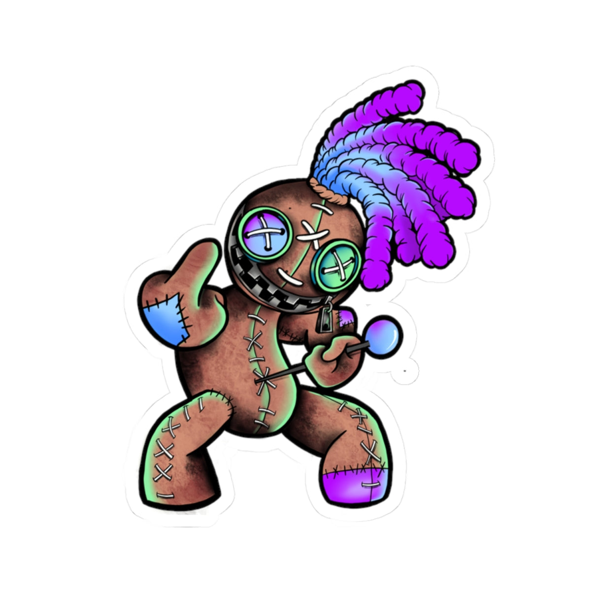 Voodoo Doll Sticker — Colorful Tribal Patch Kiss-Cut Laptop Decal