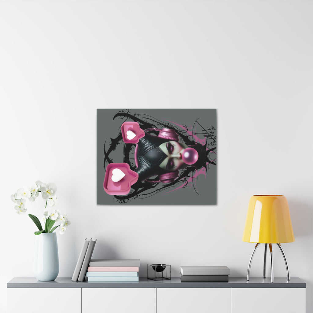 Gothic Pop Art Canvas Print — Pink Headphones & Bubblegum Femme