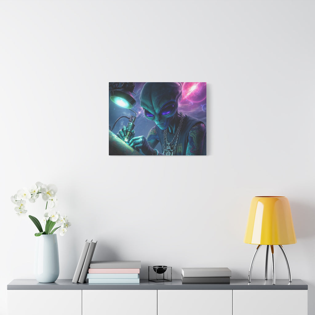 Alien Tattoo Artist Matte Canvas Print — Sci‑Fi Wall Art for Gamers & Nerd Decor