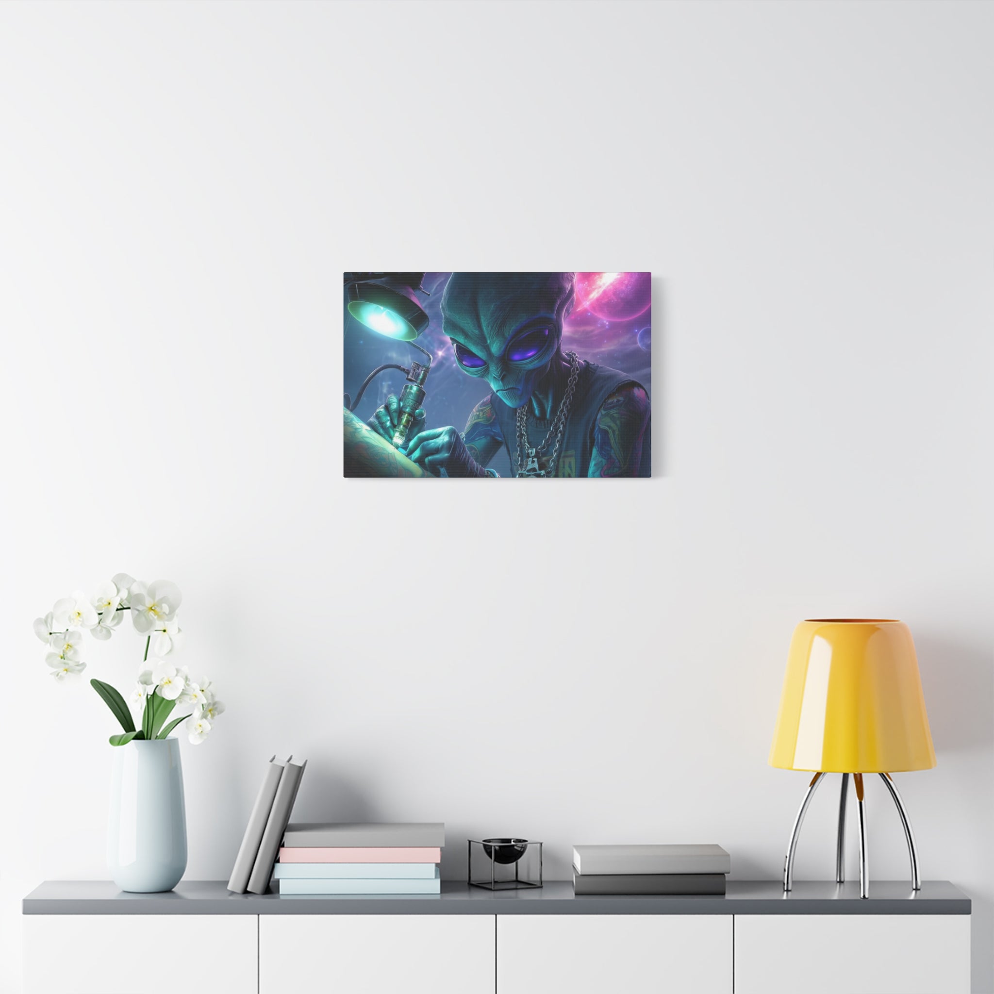 Alien Tattoo Artist Matte Canvas Print — Sci‑Fi Wall Art for Gamers & Nerd Decor