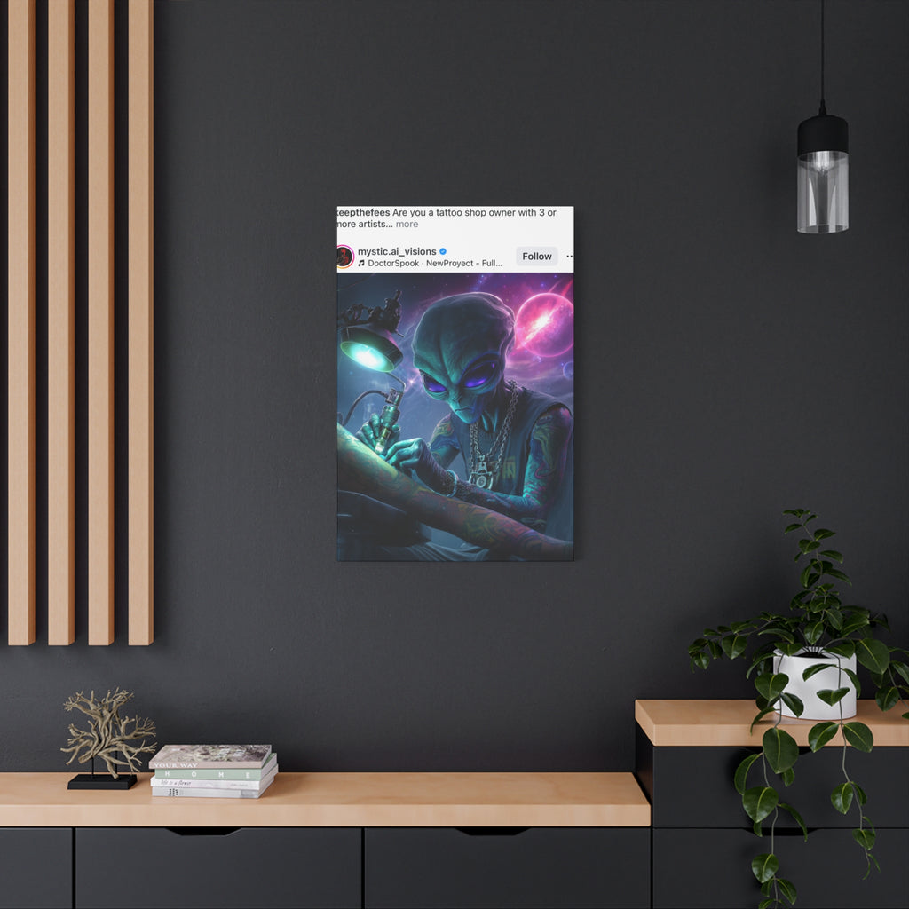 Alien Tattoo Artist Matte Canvas Print — Sci‑Fi Wall Art for Gamers & Nerd Decor