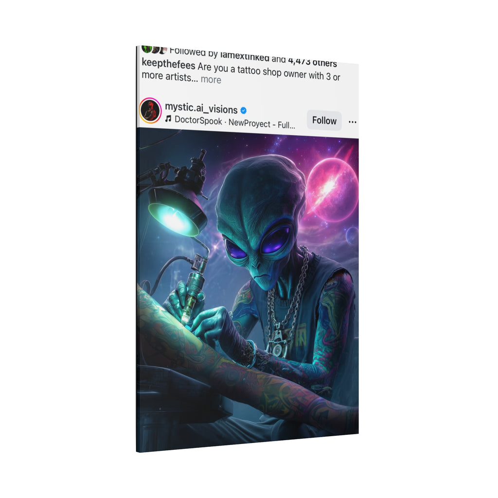 Alien Tattoo Artist Matte Canvas Print — Sci‑Fi Wall Art for Gamers & Nerd Decor