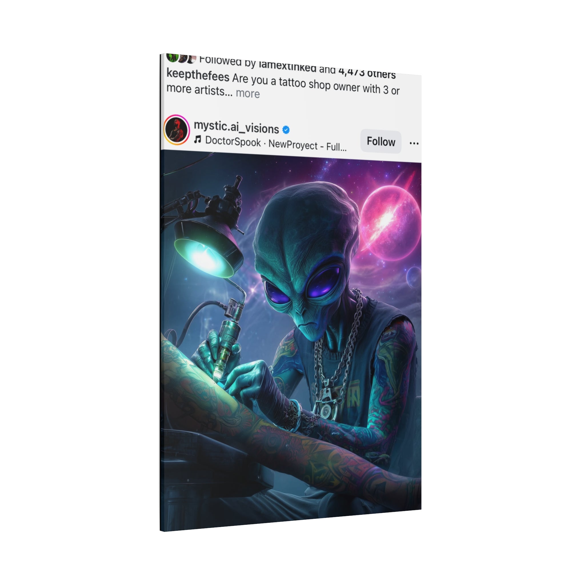 Alien Tattoo Artist Matte Canvas Print — Sci‑Fi Wall Art for Gamers & Nerd Decor