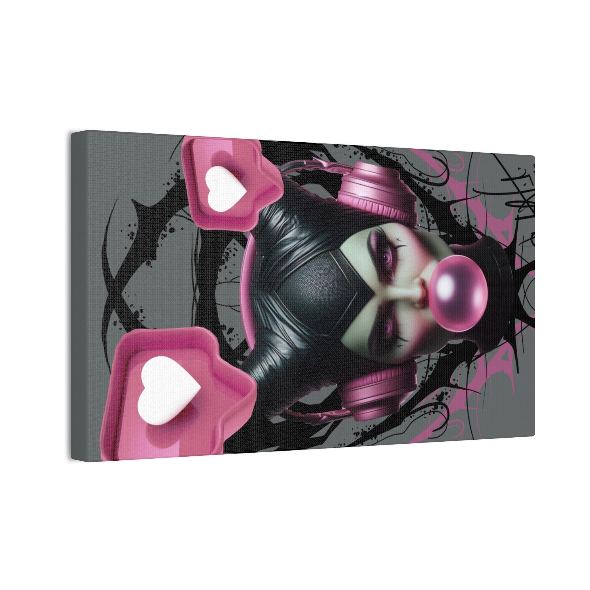Gothic Pop Art Canvas Print — Pink Headphones & Bubblegum Femme