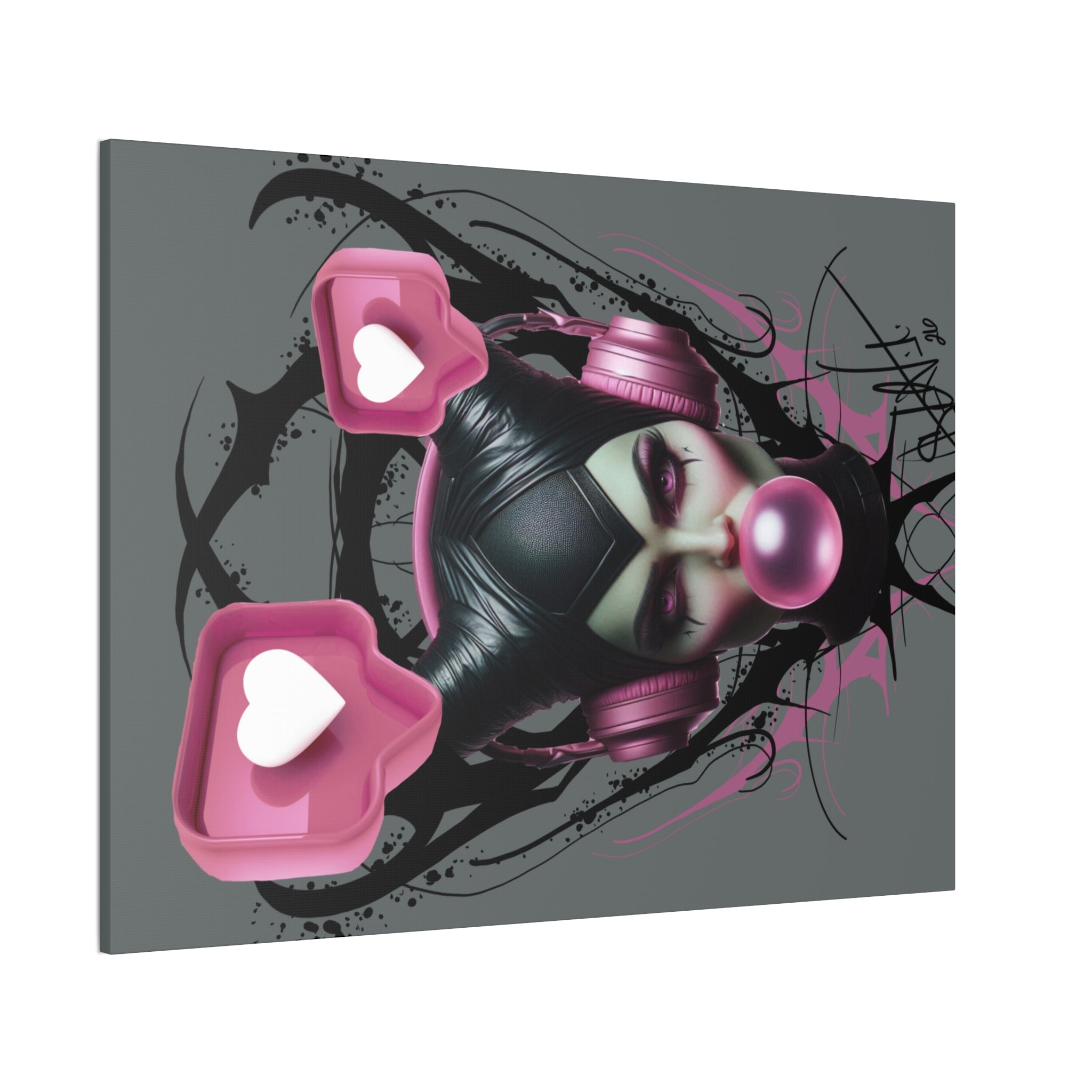 Gothic Pop Art Canvas Print — Pink Headphones & Bubblegum Femme