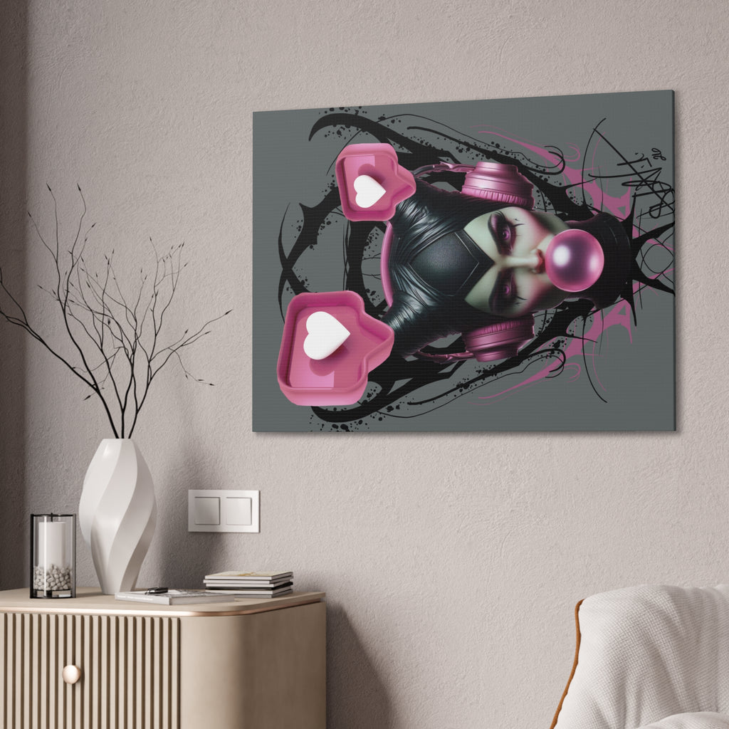 Gothic Pop Art Canvas Print — Pink Headphones & Bubblegum Femme
