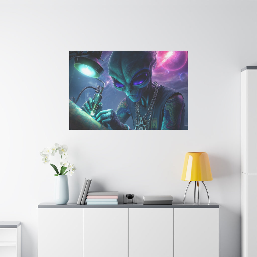 Alien Tattoo Artist Matte Canvas Print — Sci‑Fi Wall Art for Gamers & Nerd Decor