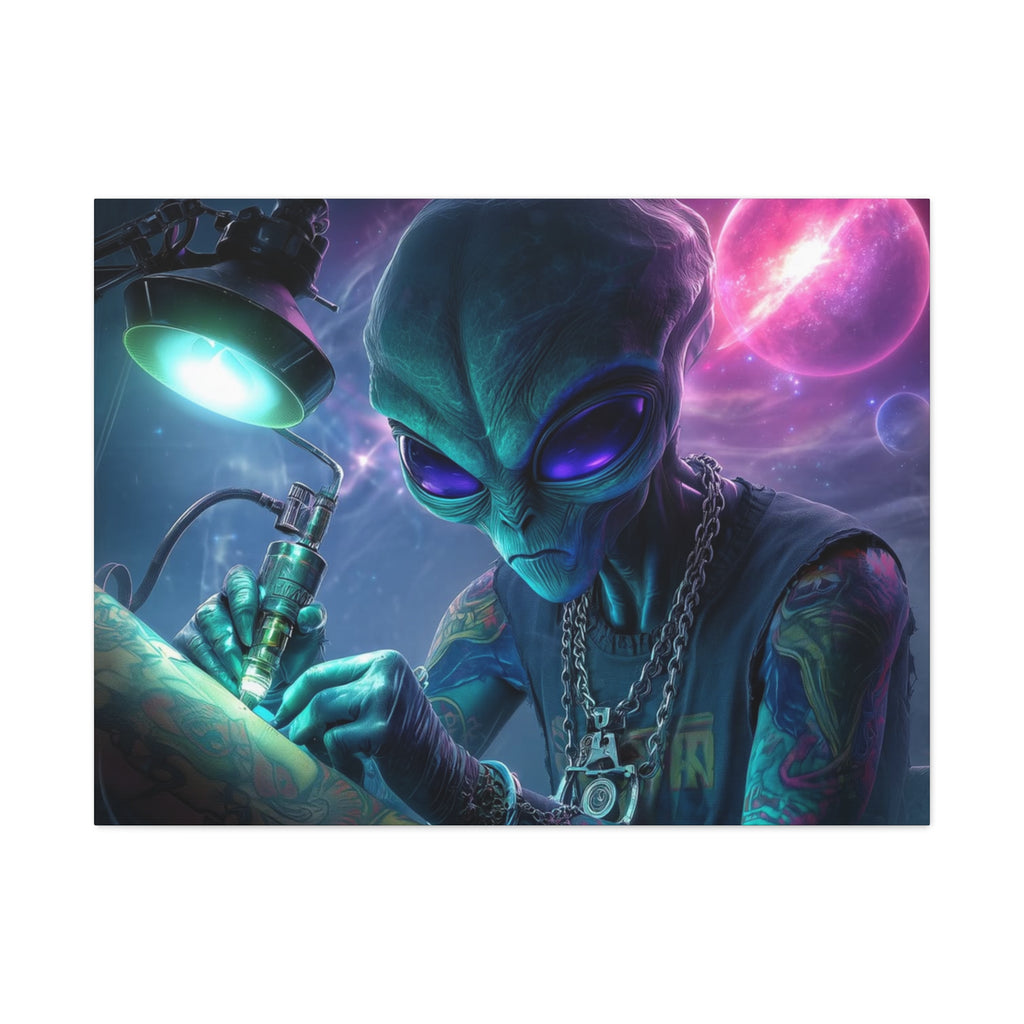 Alien Tattoo Artist Matte Canvas Print — Sci‑Fi Wall Art for Gamers & Nerd Decor